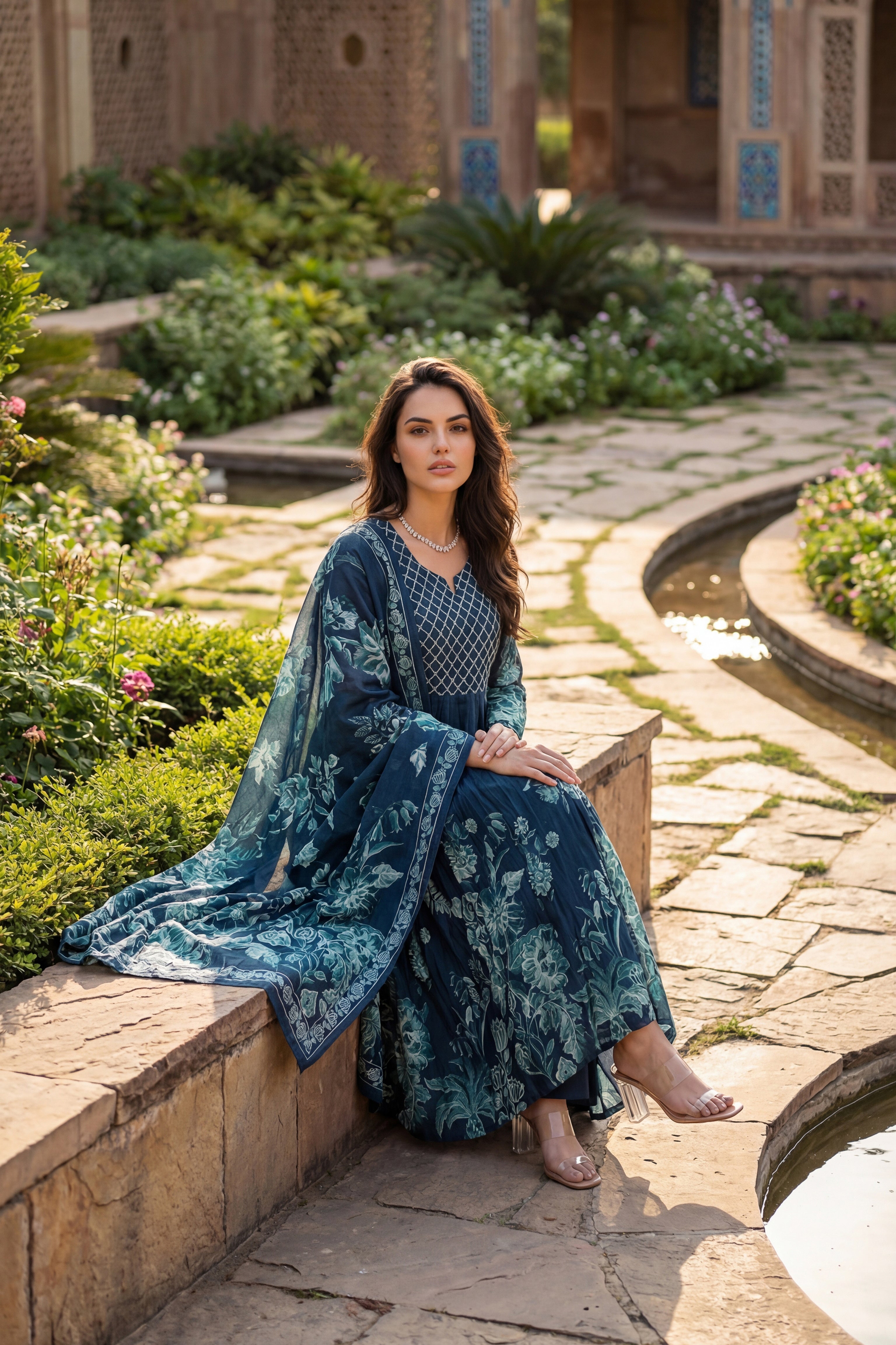 Teal Floral Kurta Set