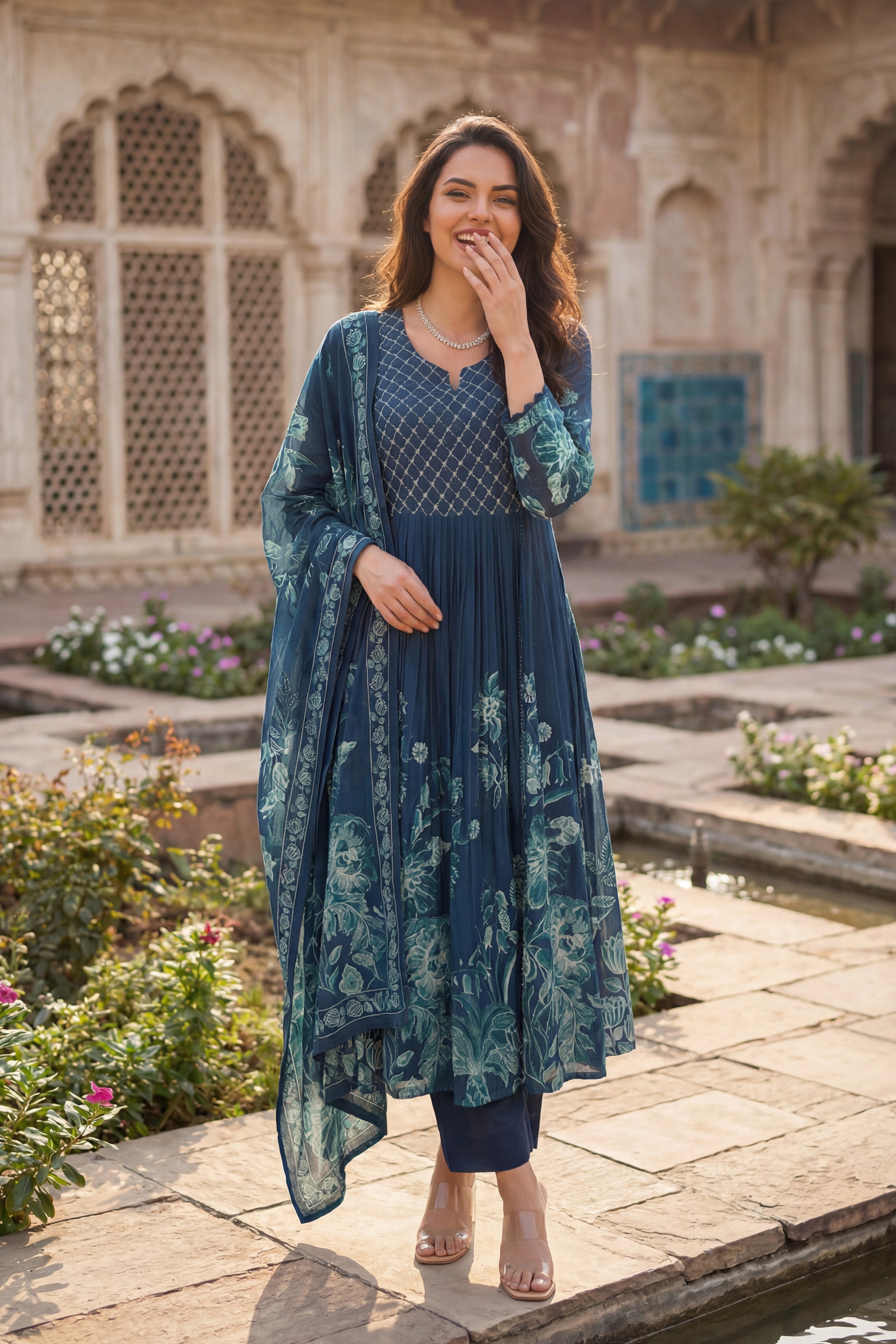 Teal Floral Kurta Set