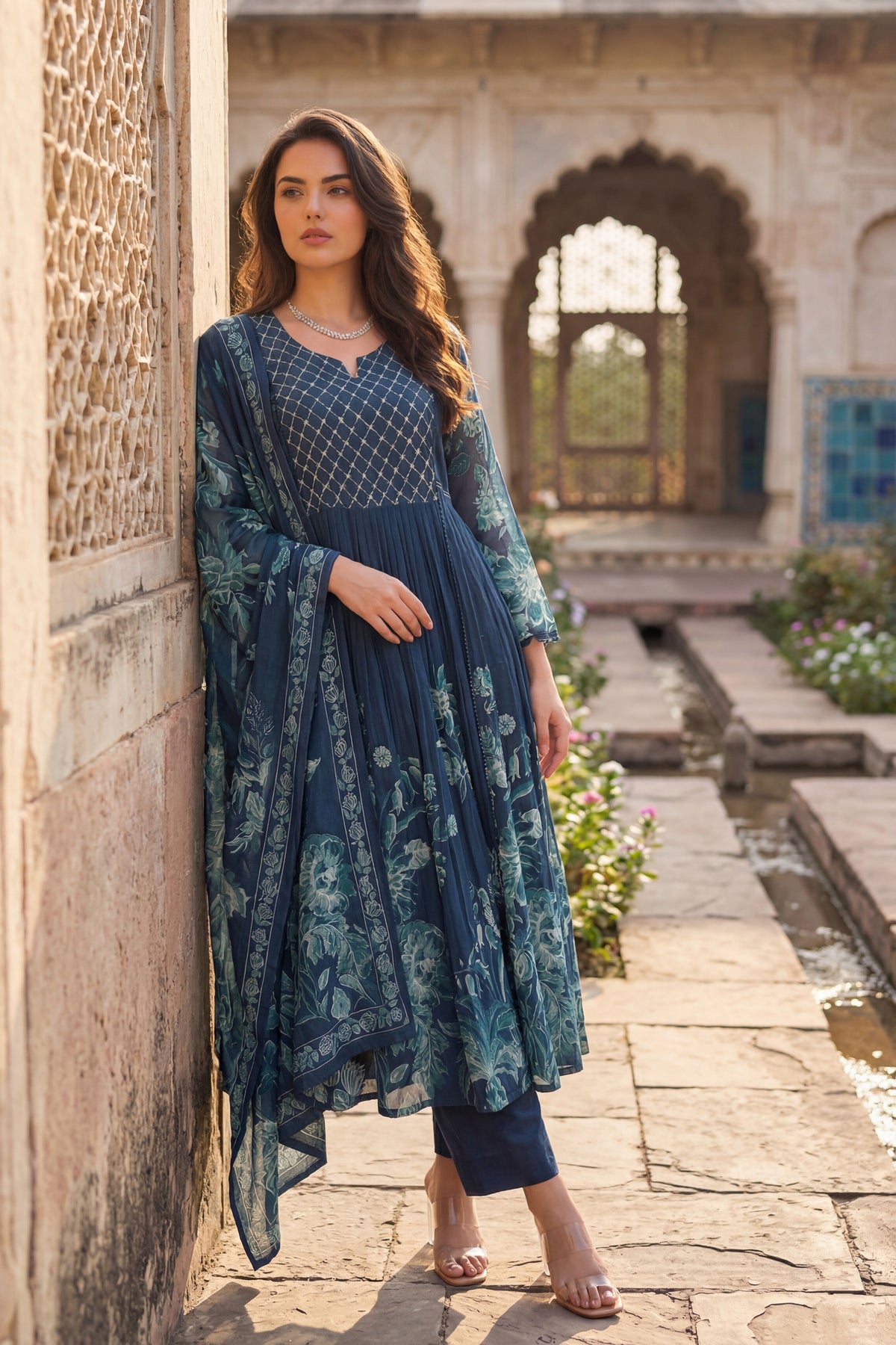 Teal Floral Kurta Set