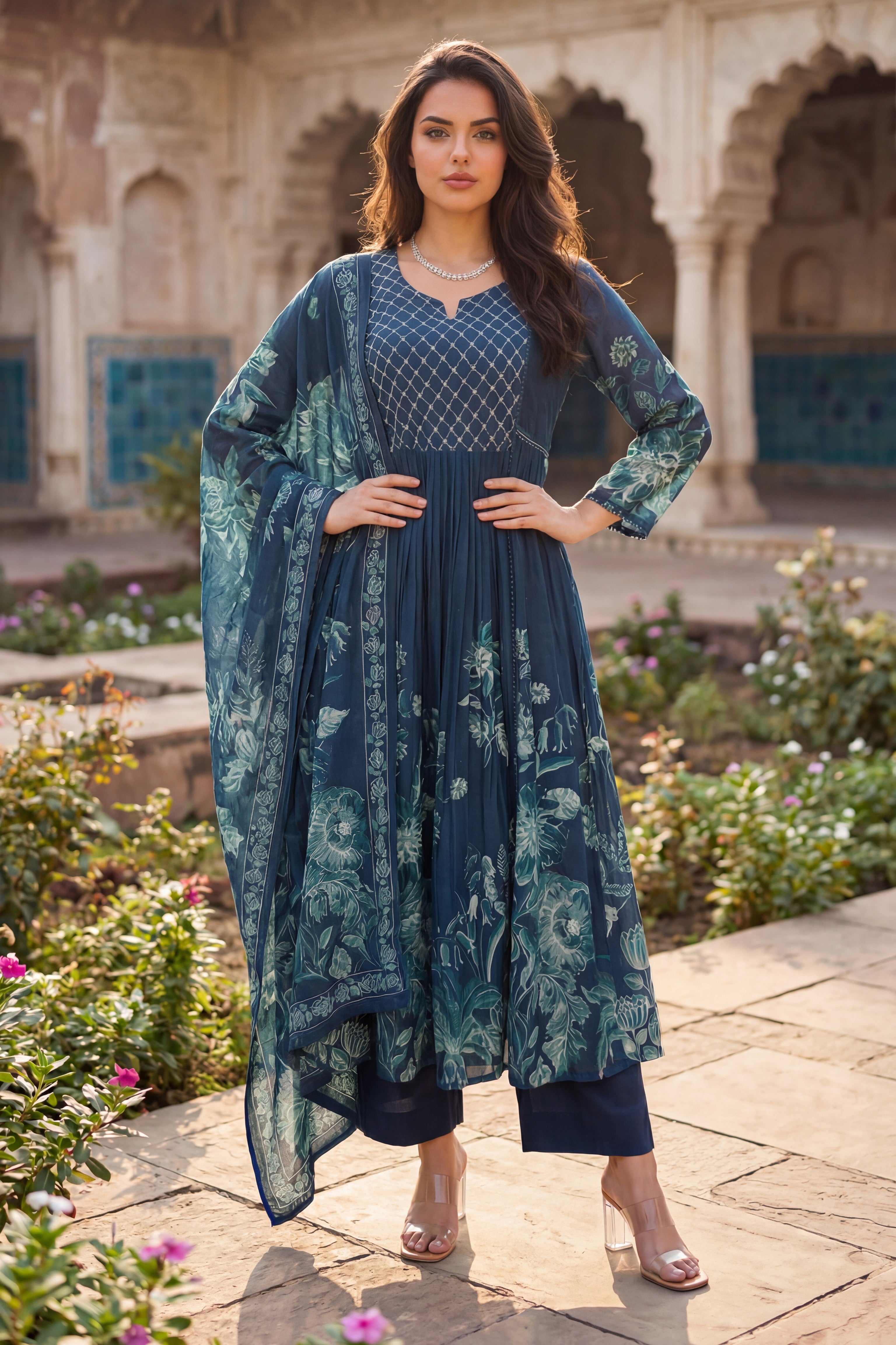 Teal Floral Kurta Set
