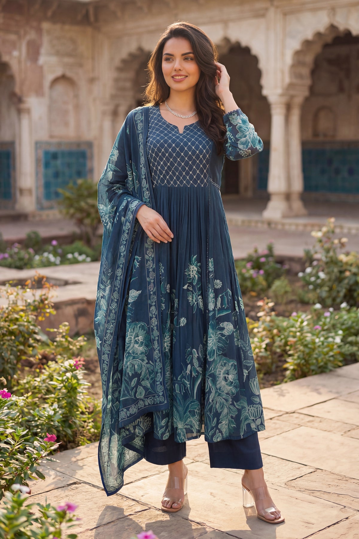 Teal Floral Kurta Set
