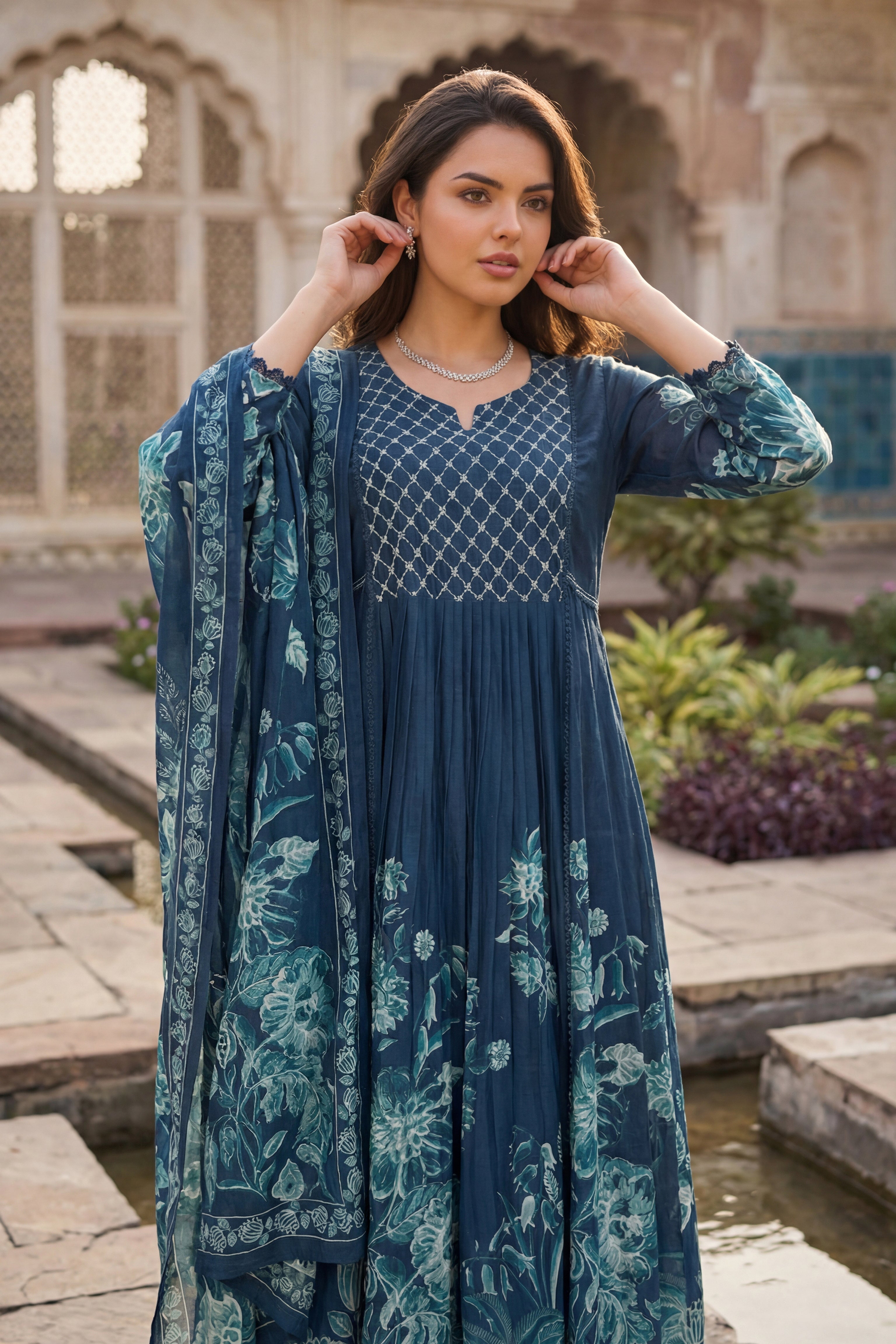 Teal Floral Kurta Set