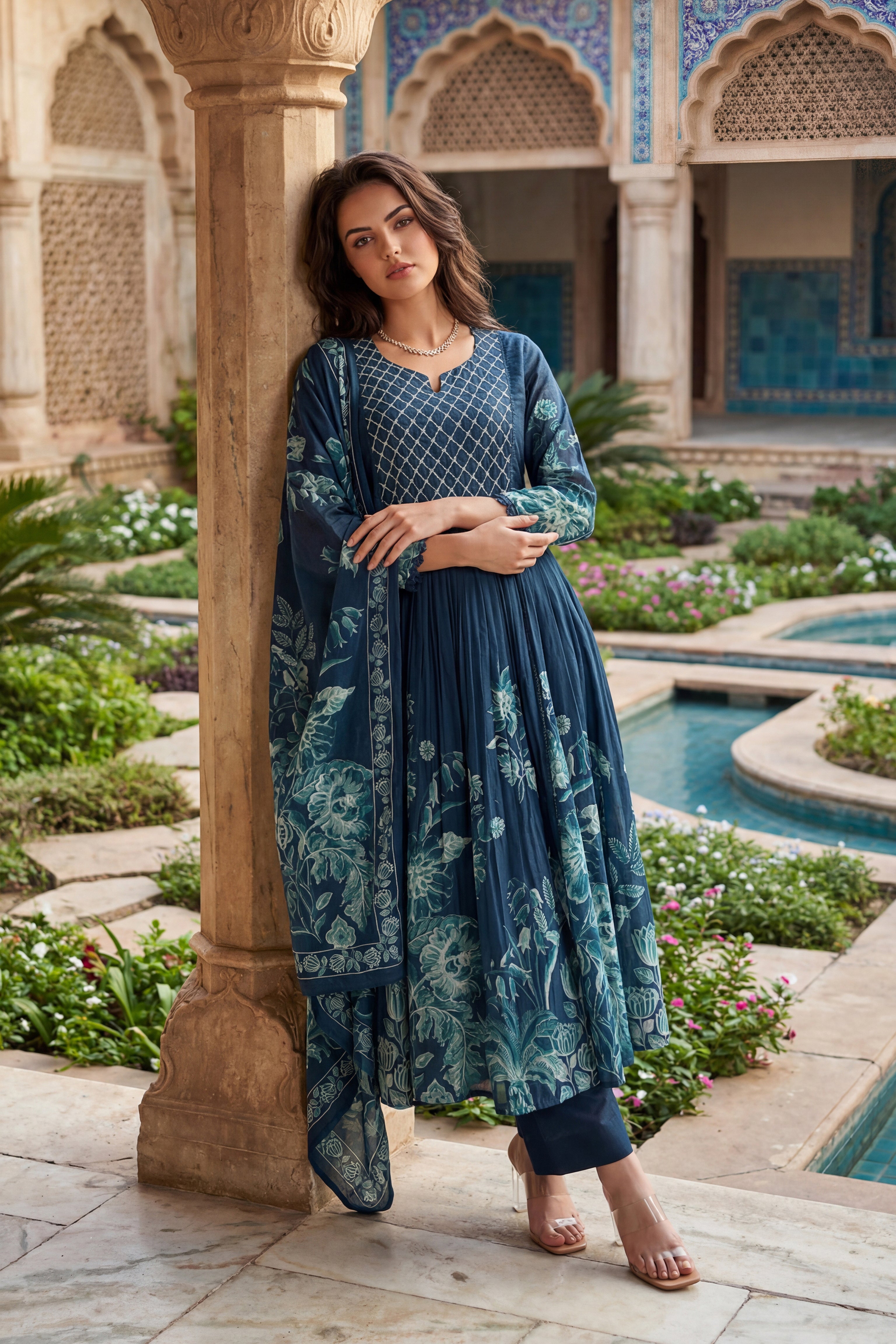 Teal Floral Kurta Set