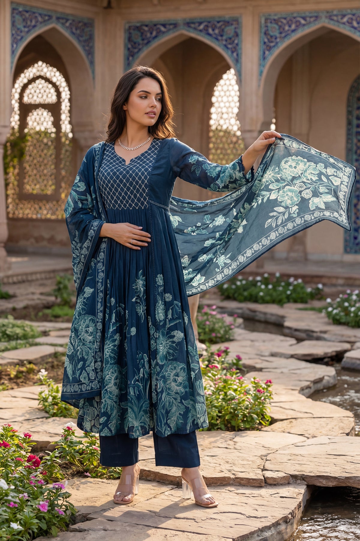 Teal Floral Kurta Set