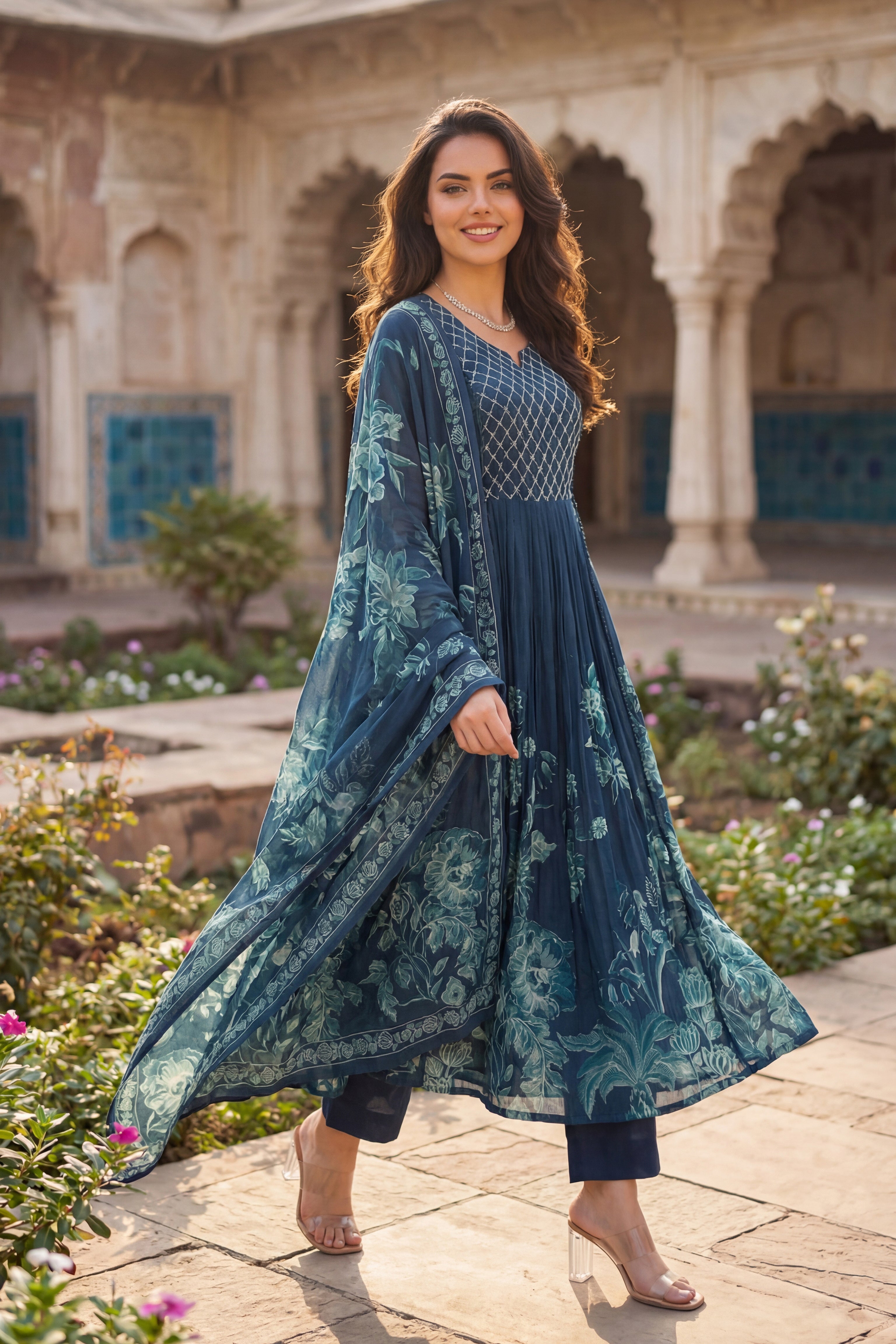 Teal Floral Kurta Set