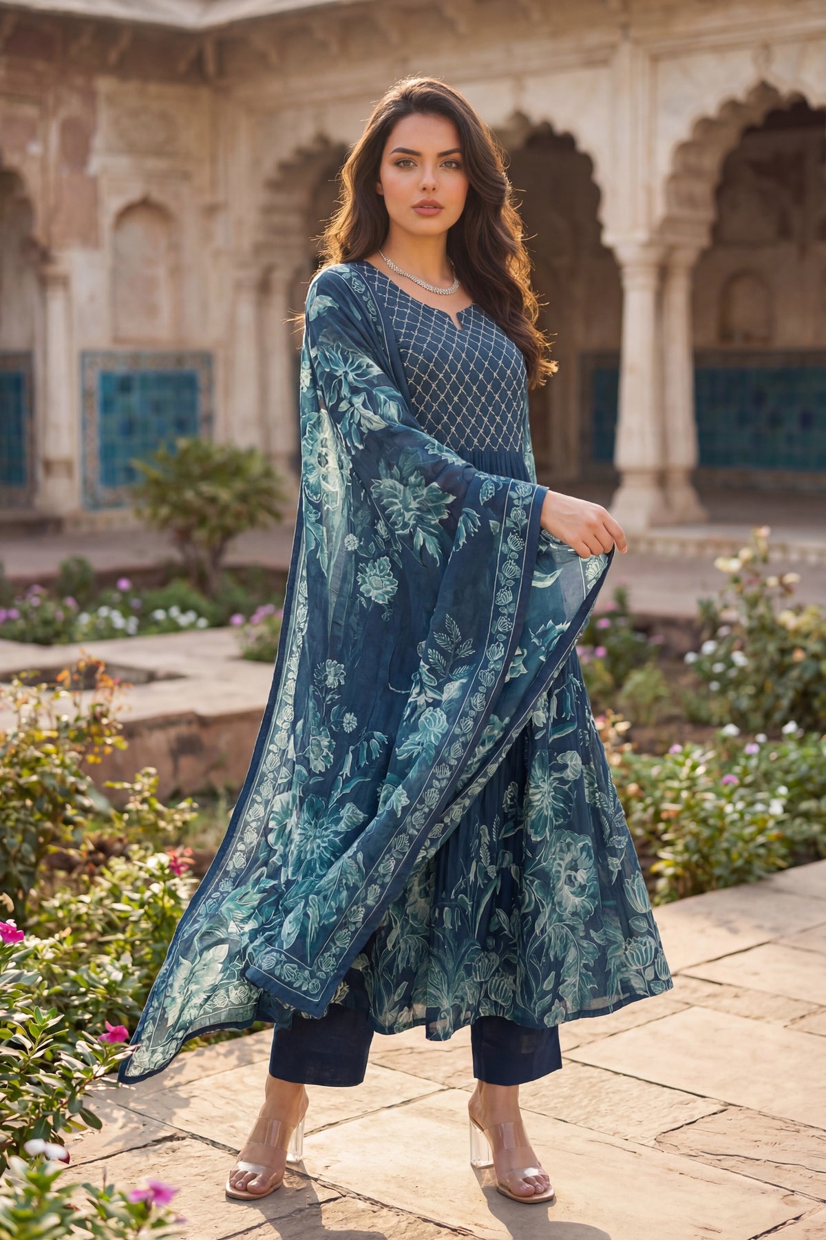Teal Floral Kurta Set