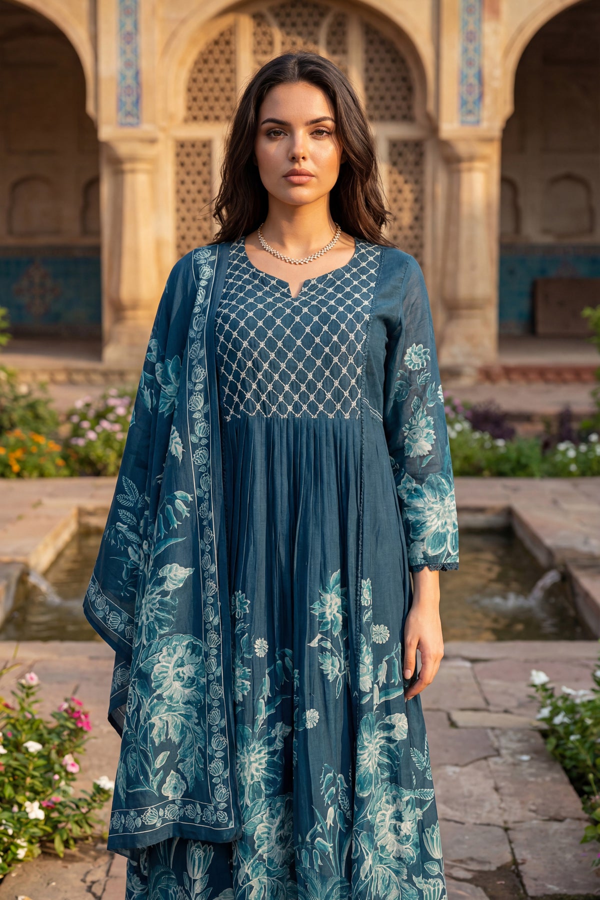 Teal Floral Kurta Set