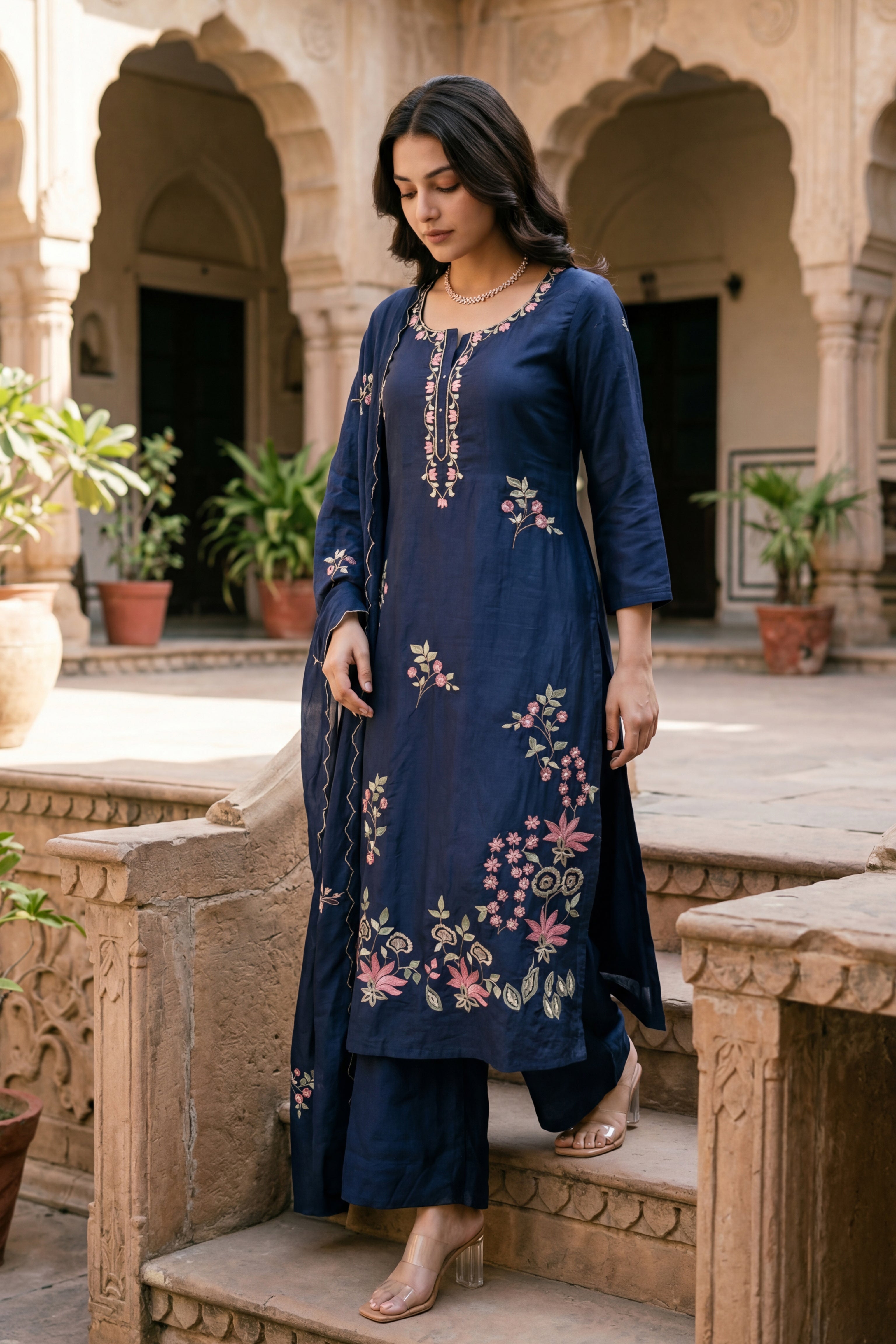 Blue Blossom Chanderi Suit Set