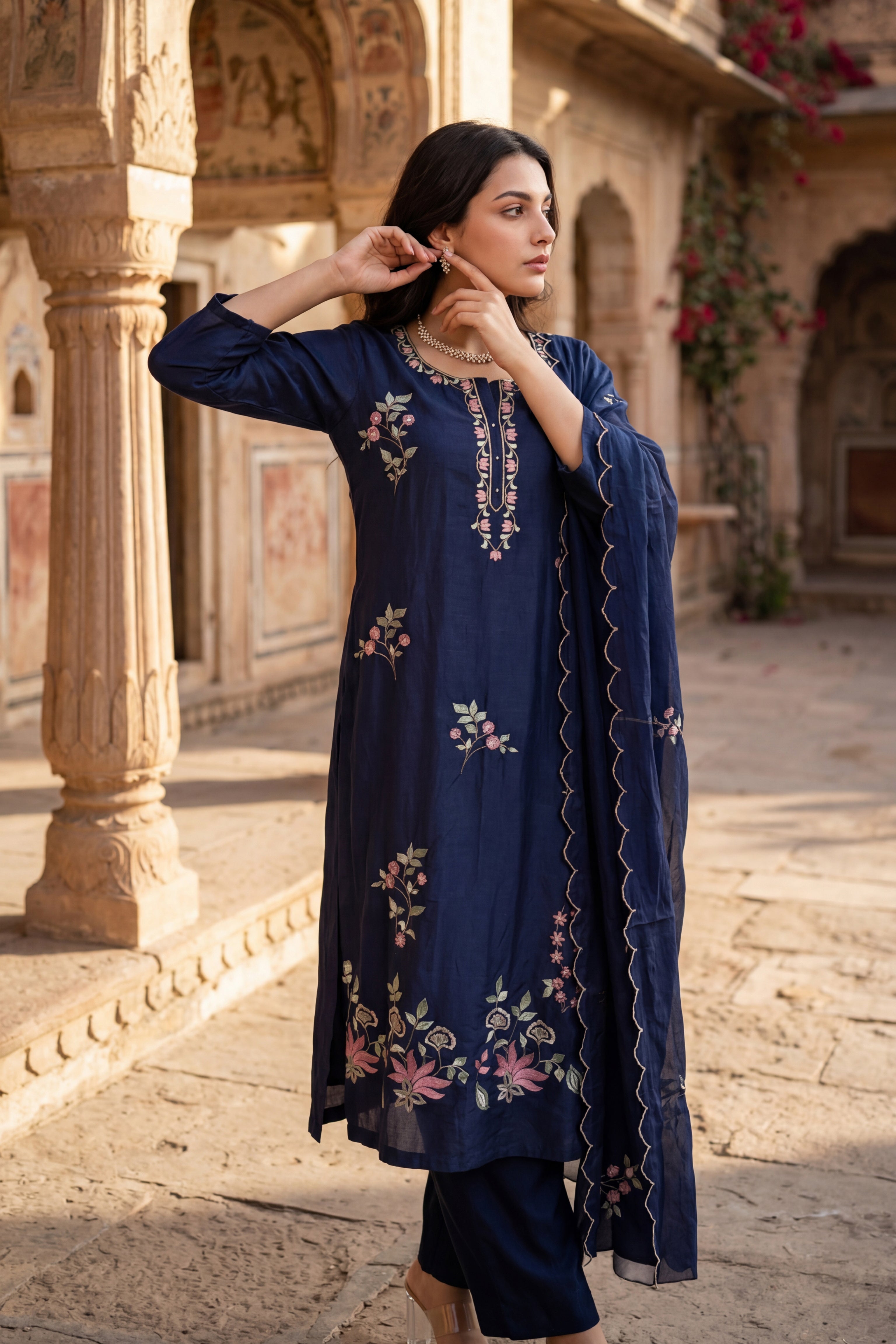Blue Blossom Chanderi Kurta Set