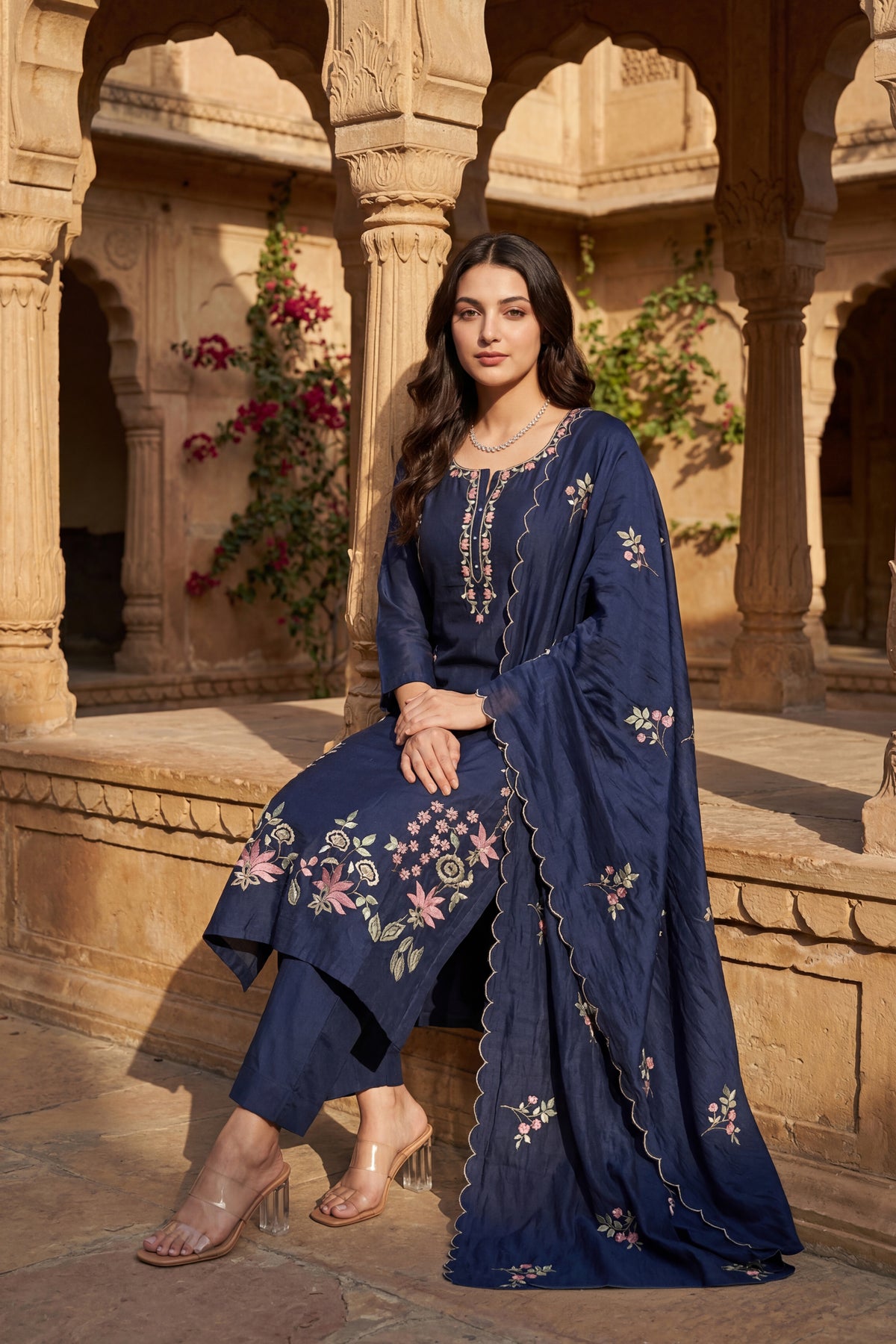 Blue Blossom Chanderi Kurta Set