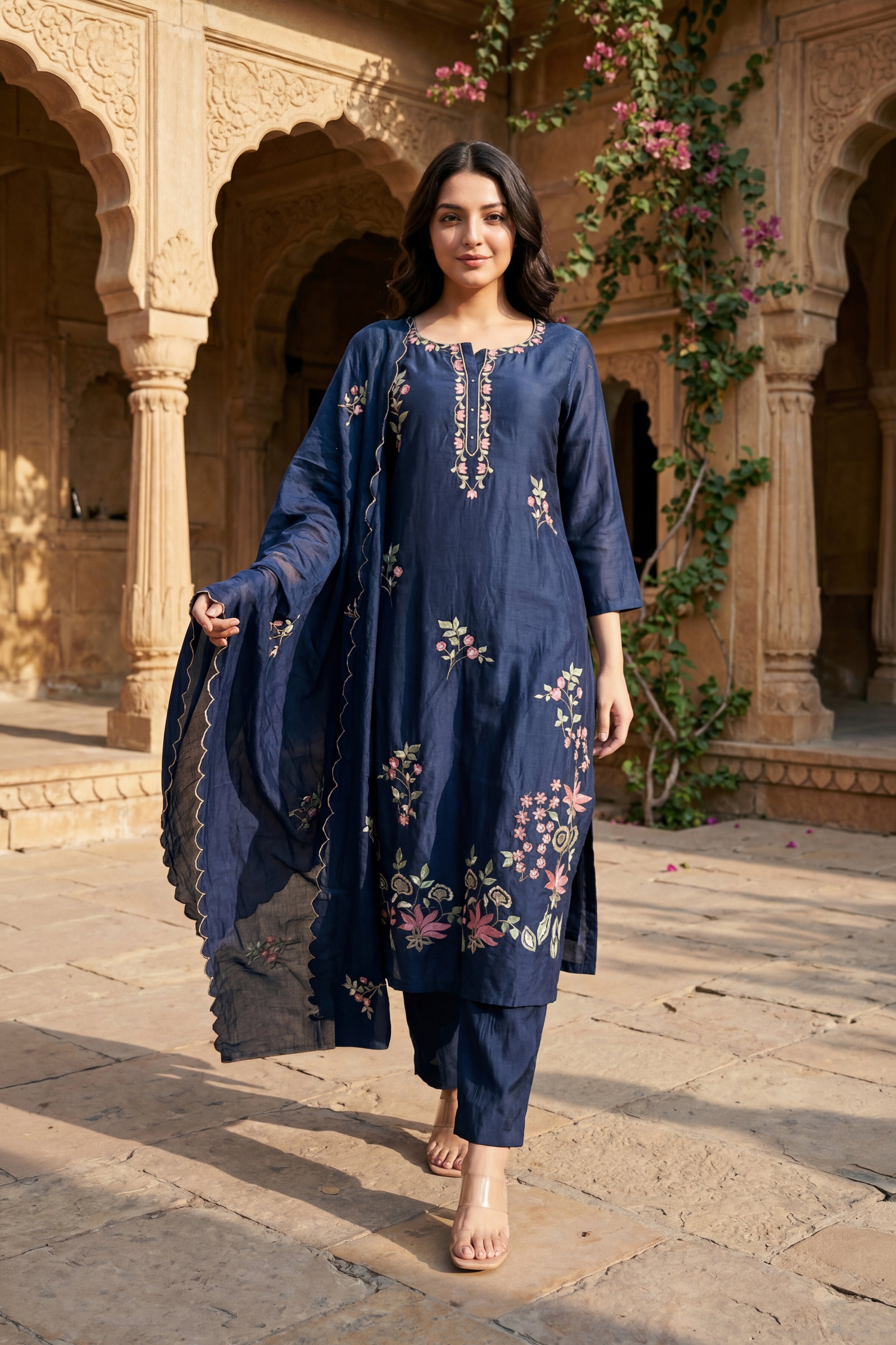 Blue Blossom Chanderi Kurta Set