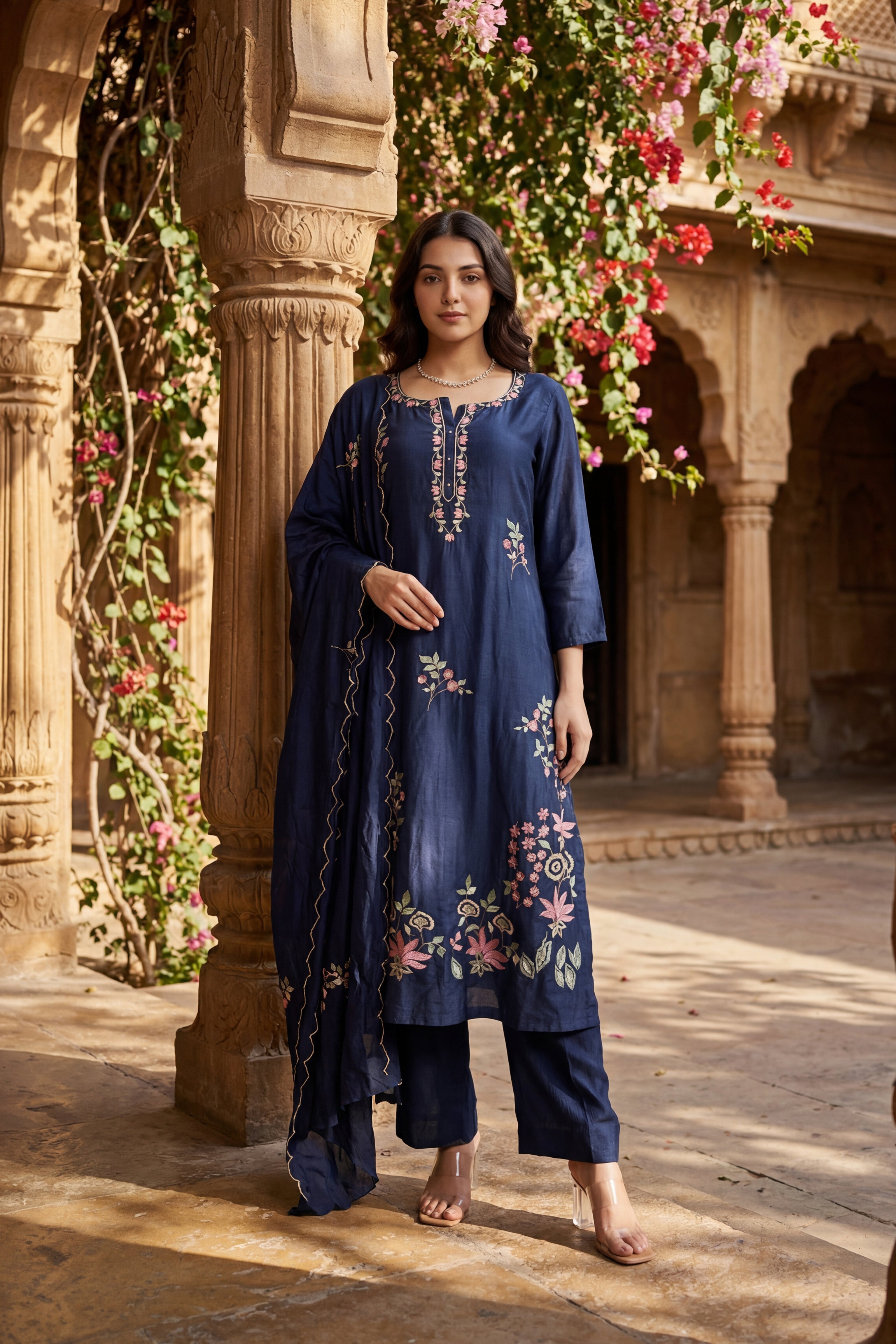 Blue Blossom Chanderi Kurta Set