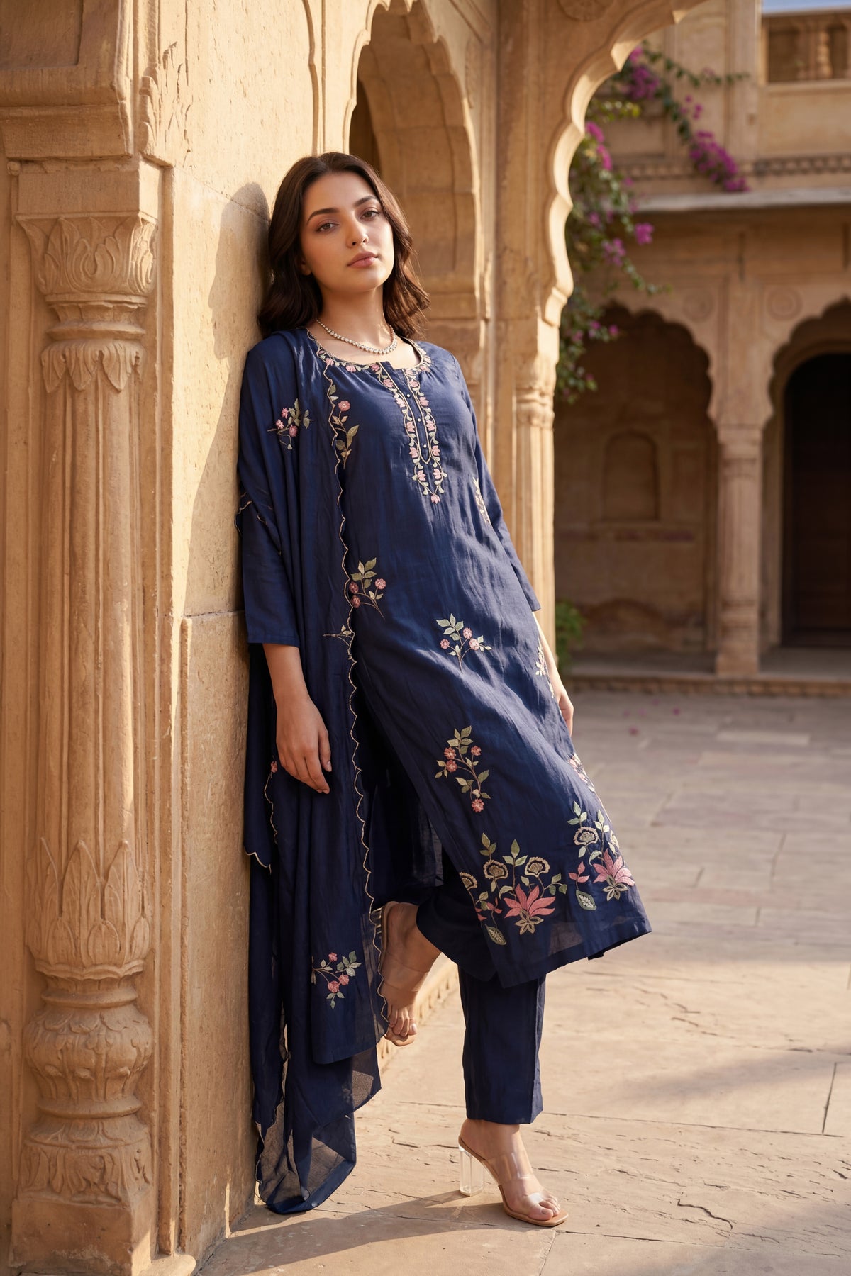 Blue Blossom Chanderi Kurta Set