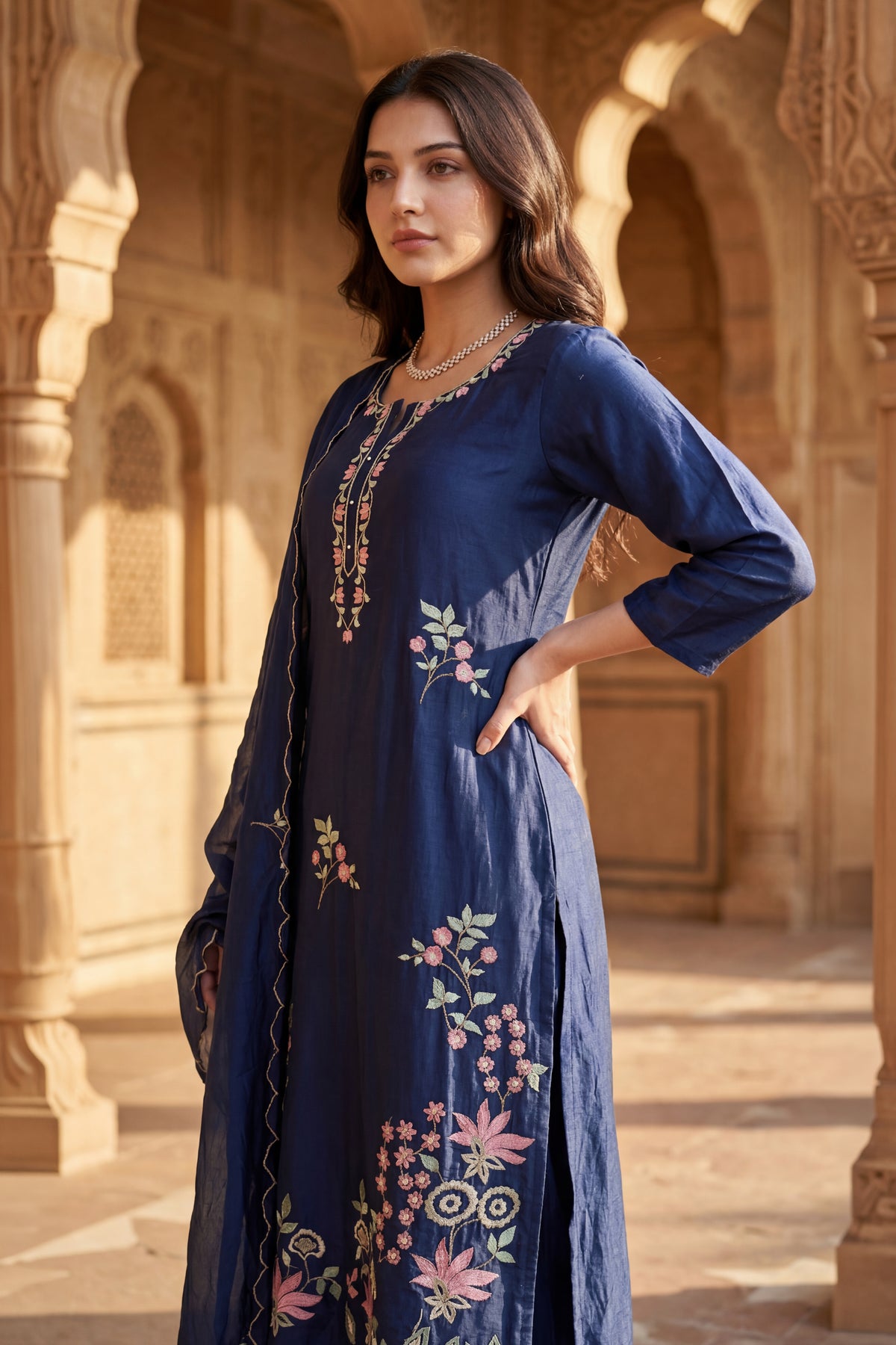 Blue Blossom Chanderi Kurta Set