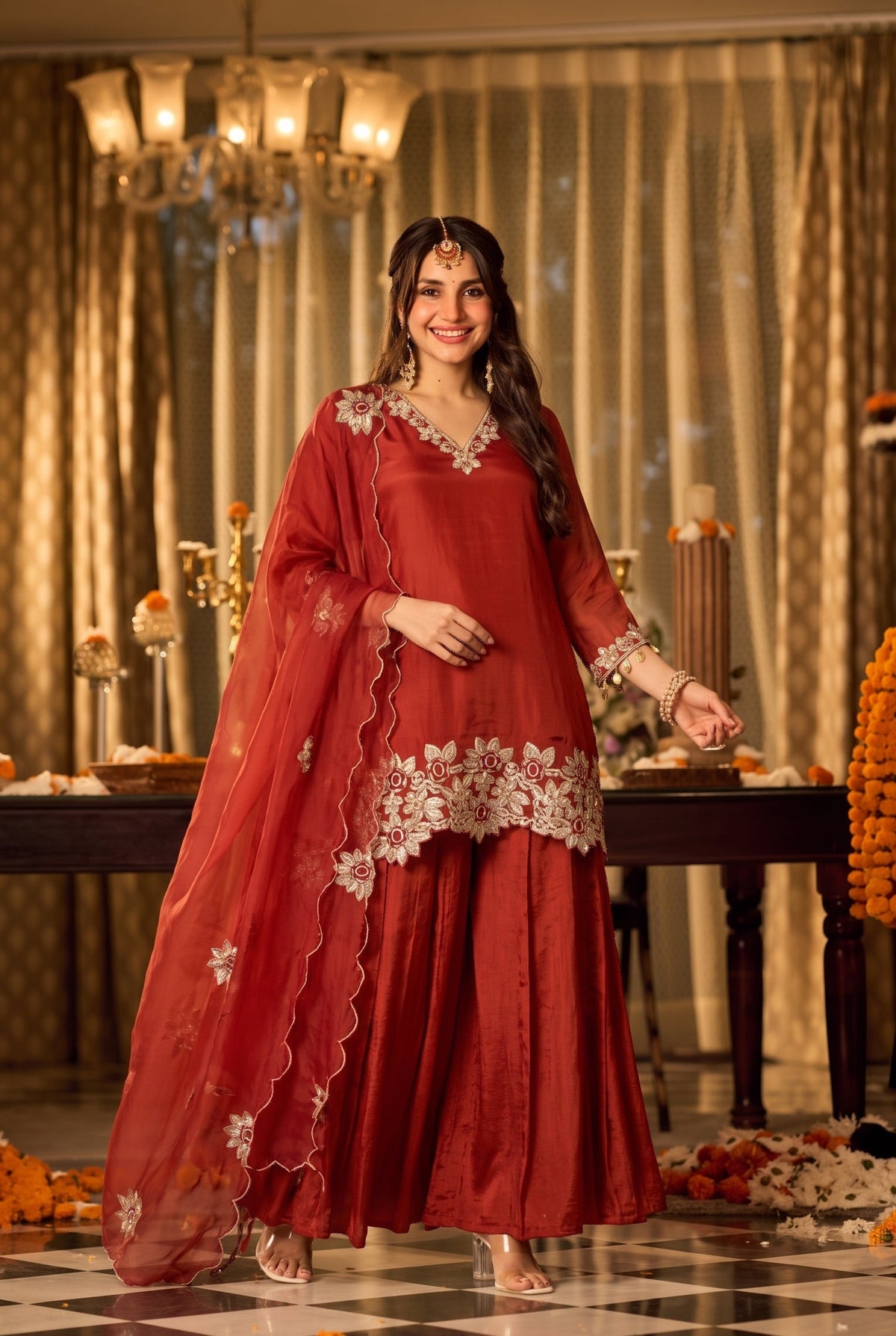 Burnt Orange Embroidered Suit Set