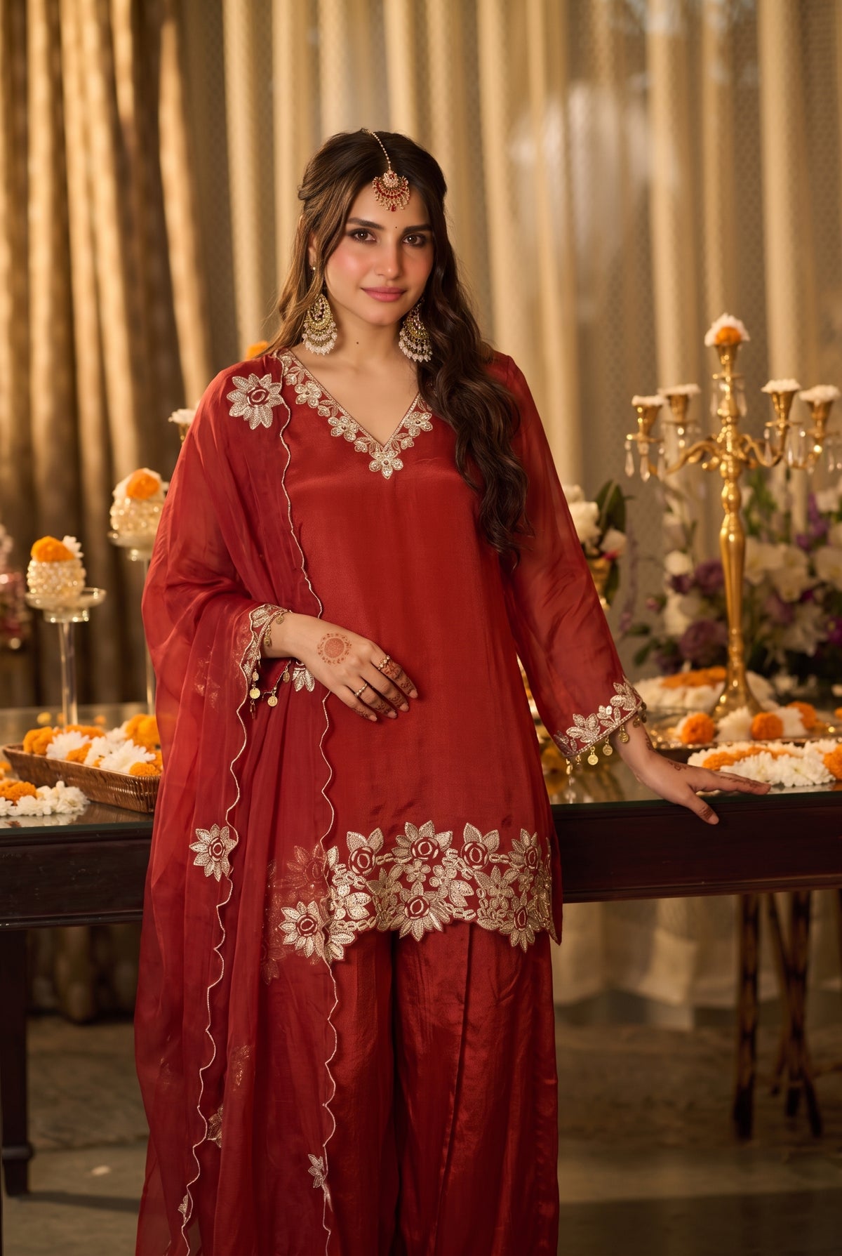 Burnt Orange Embroidered Suit Set