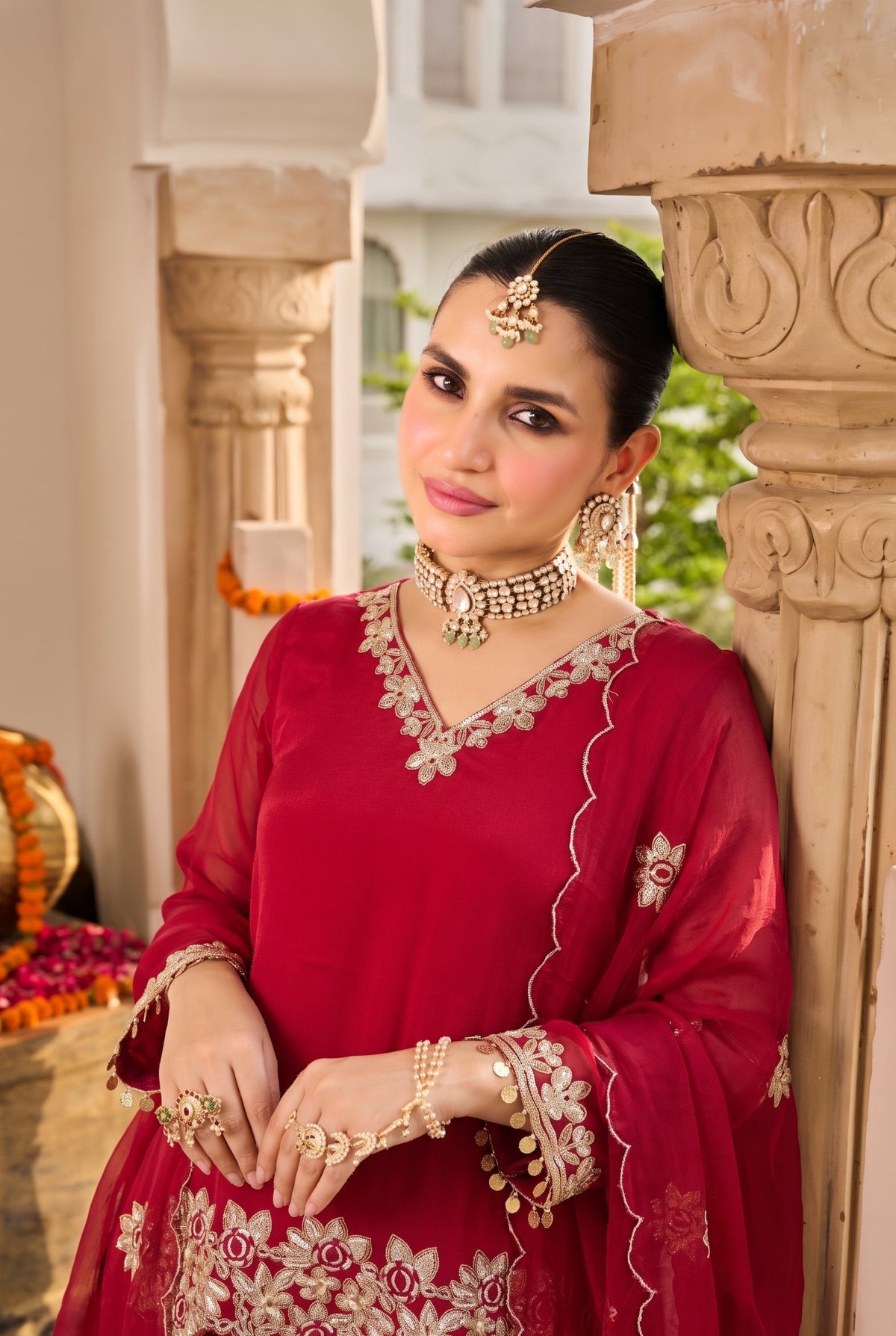 Deep Ruby Red Embroidered Suit Set
