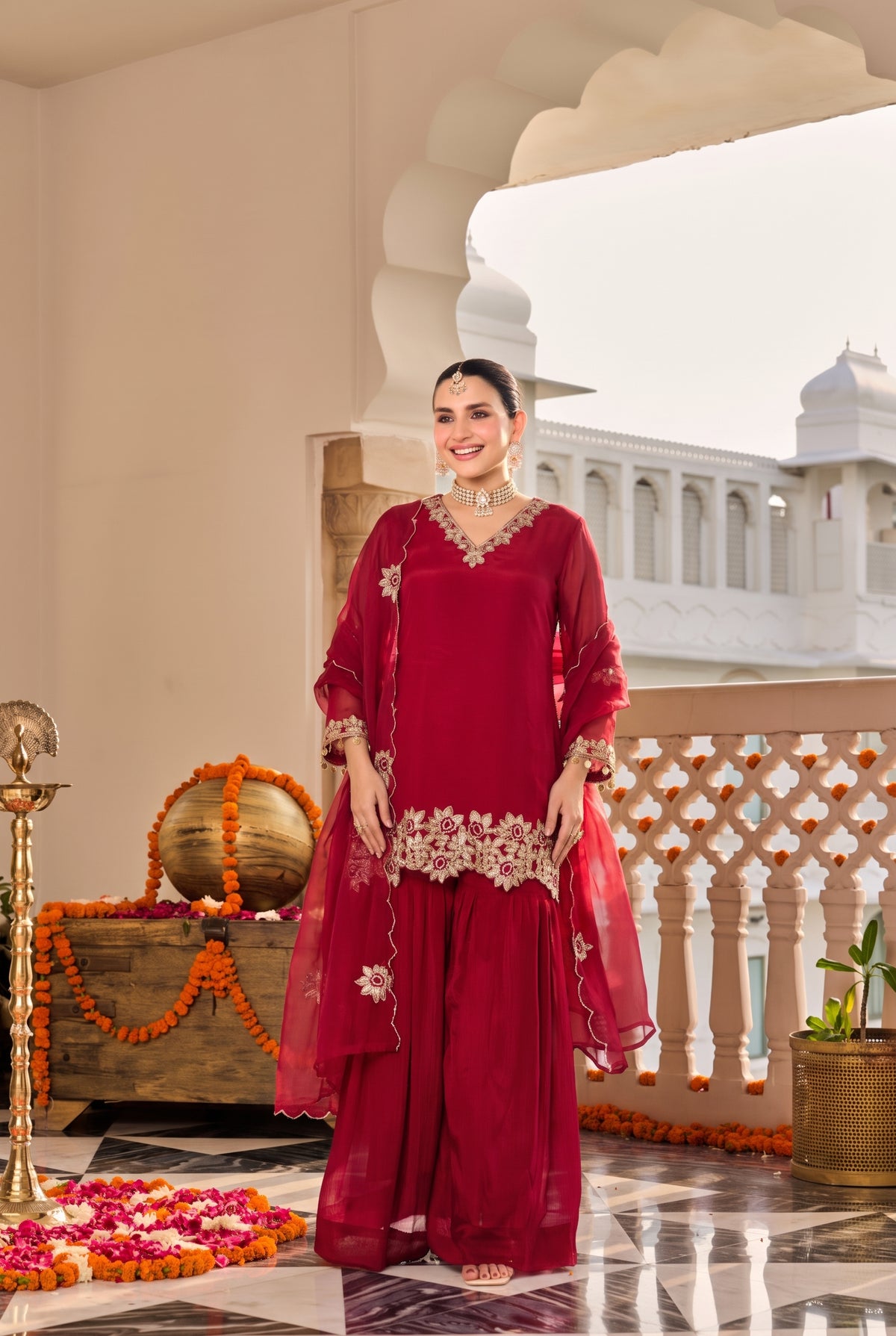 Deep Ruby Red Embroidered Suit Set