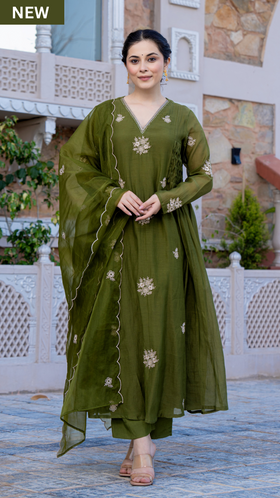 Olive Bloom Chanderi Suit Set