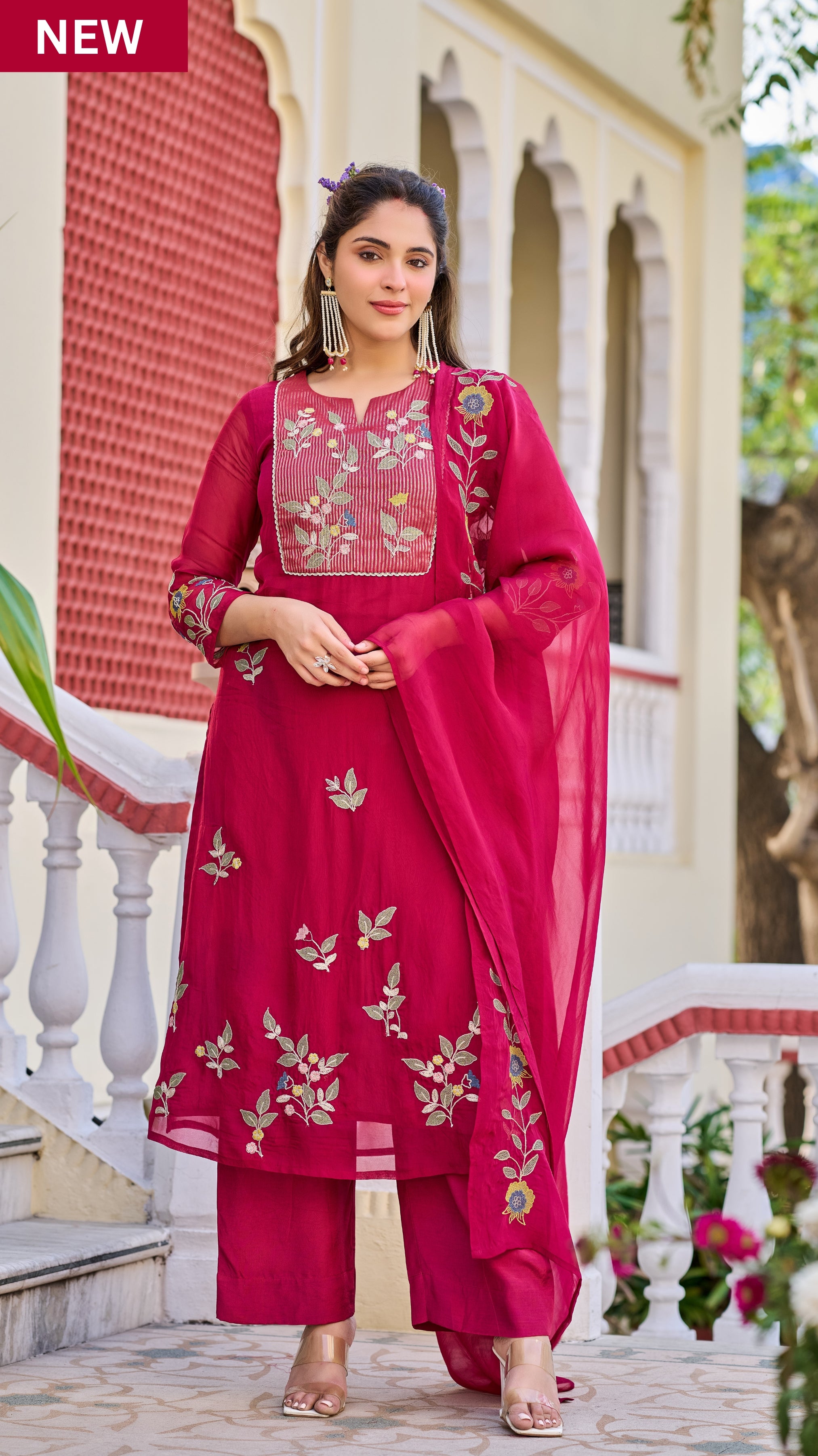 Crimson Bloom Organza Suit Set