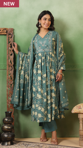 Teal Bloom Cotton Suit Set
