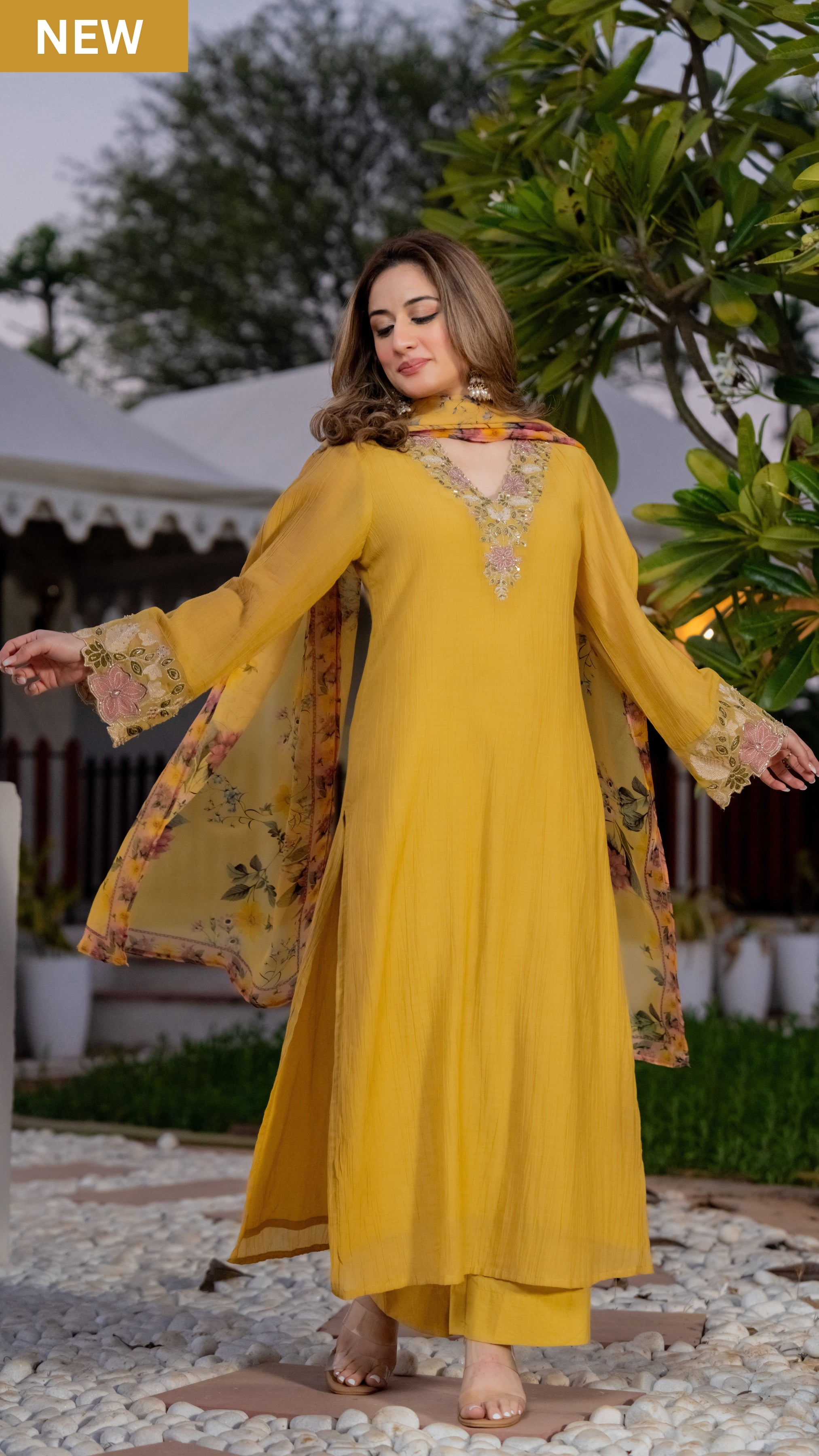 Mustard Yellow Chanderi Embroidered Suit Set