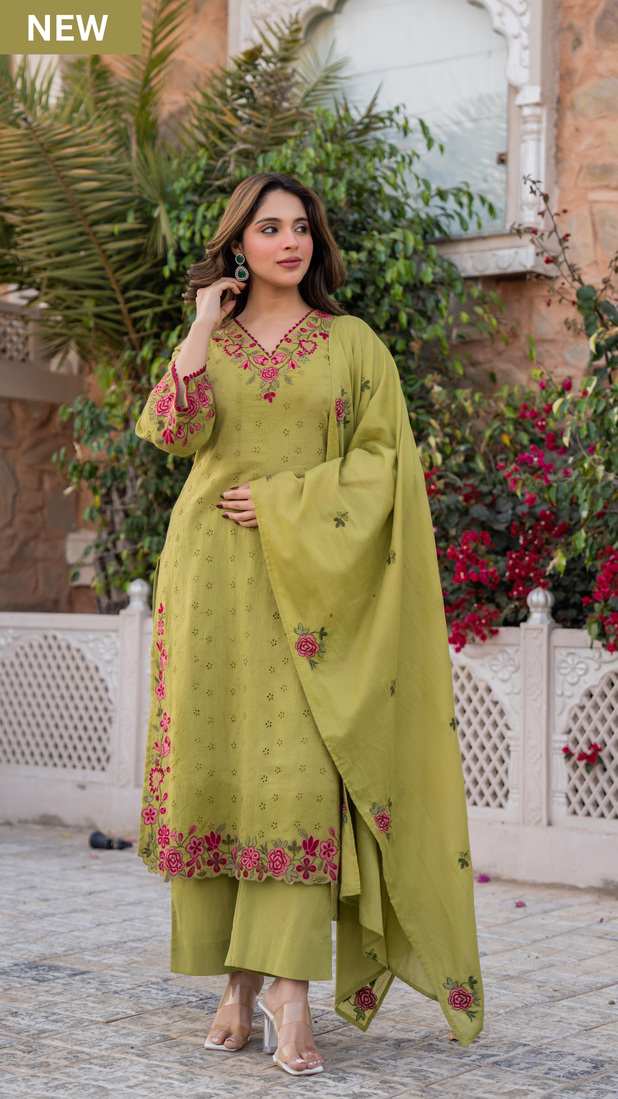 Olive Bloom Cotton Chiffli Suit Set