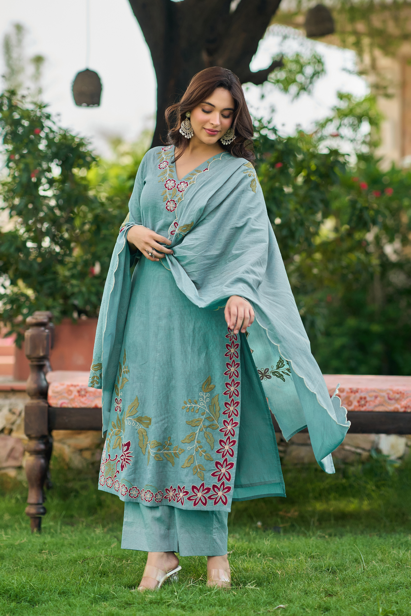 Aqua Blossom Embroidered Suit Set