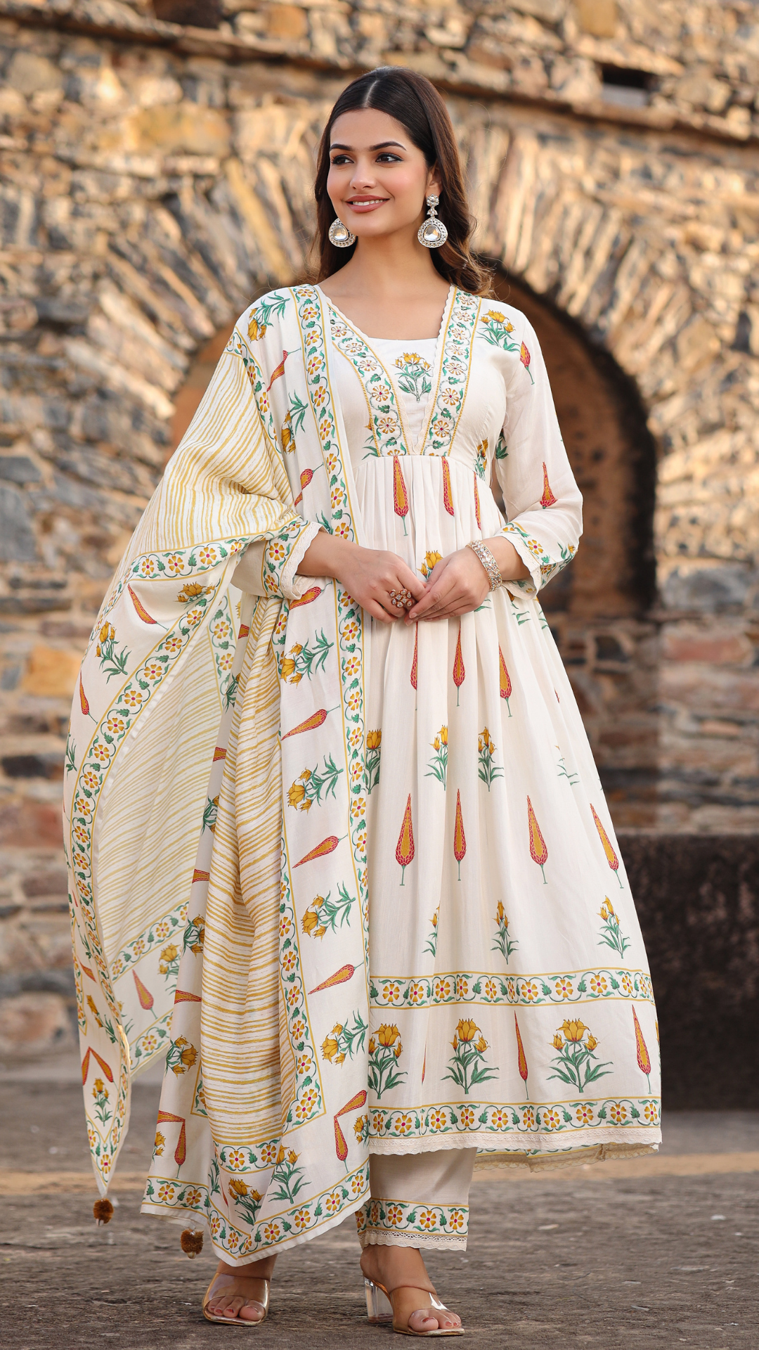 Beige Yellow Muslin Anarkali Set