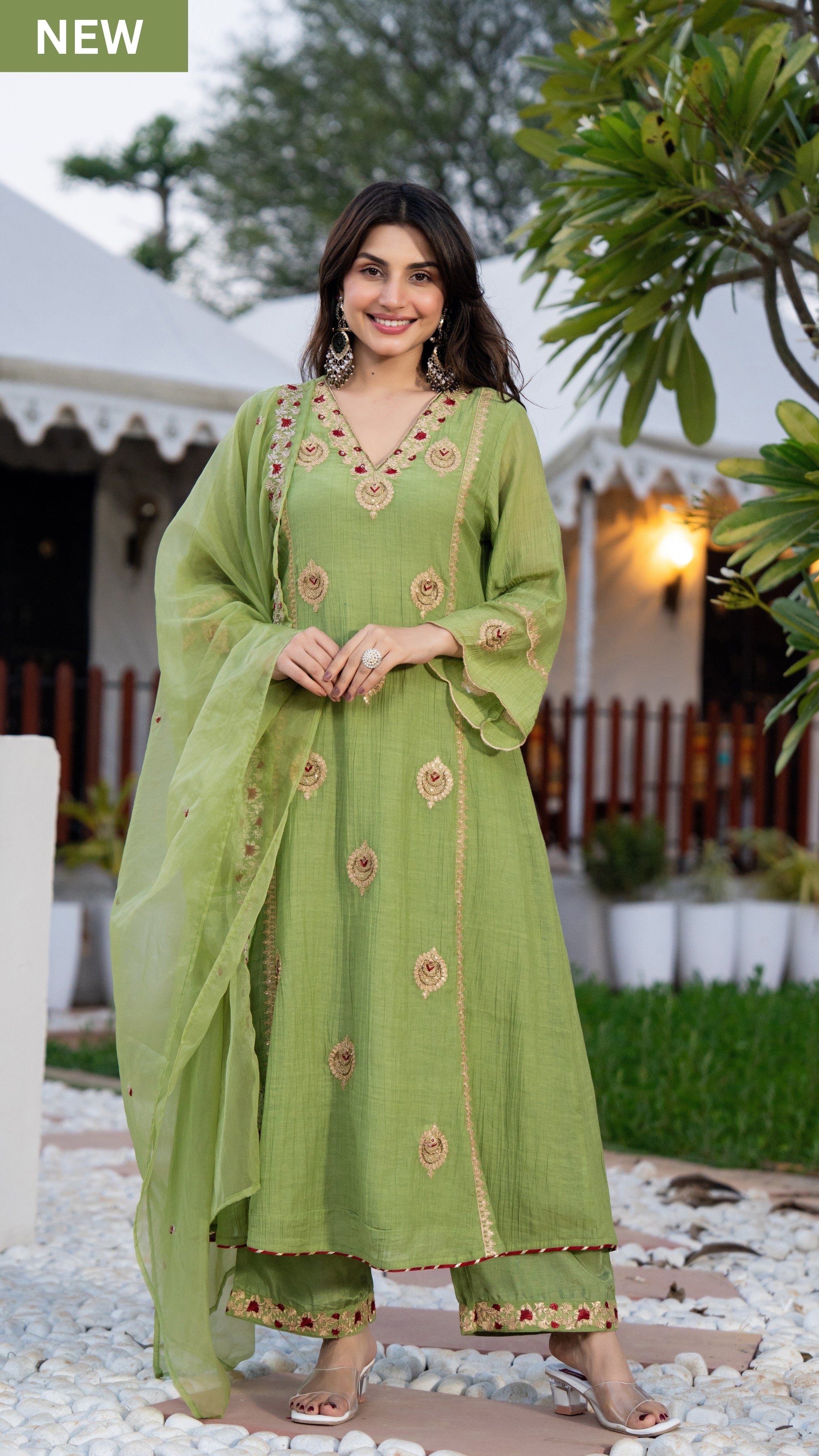 Pista Green Chanderi Embroidered Suit Set
