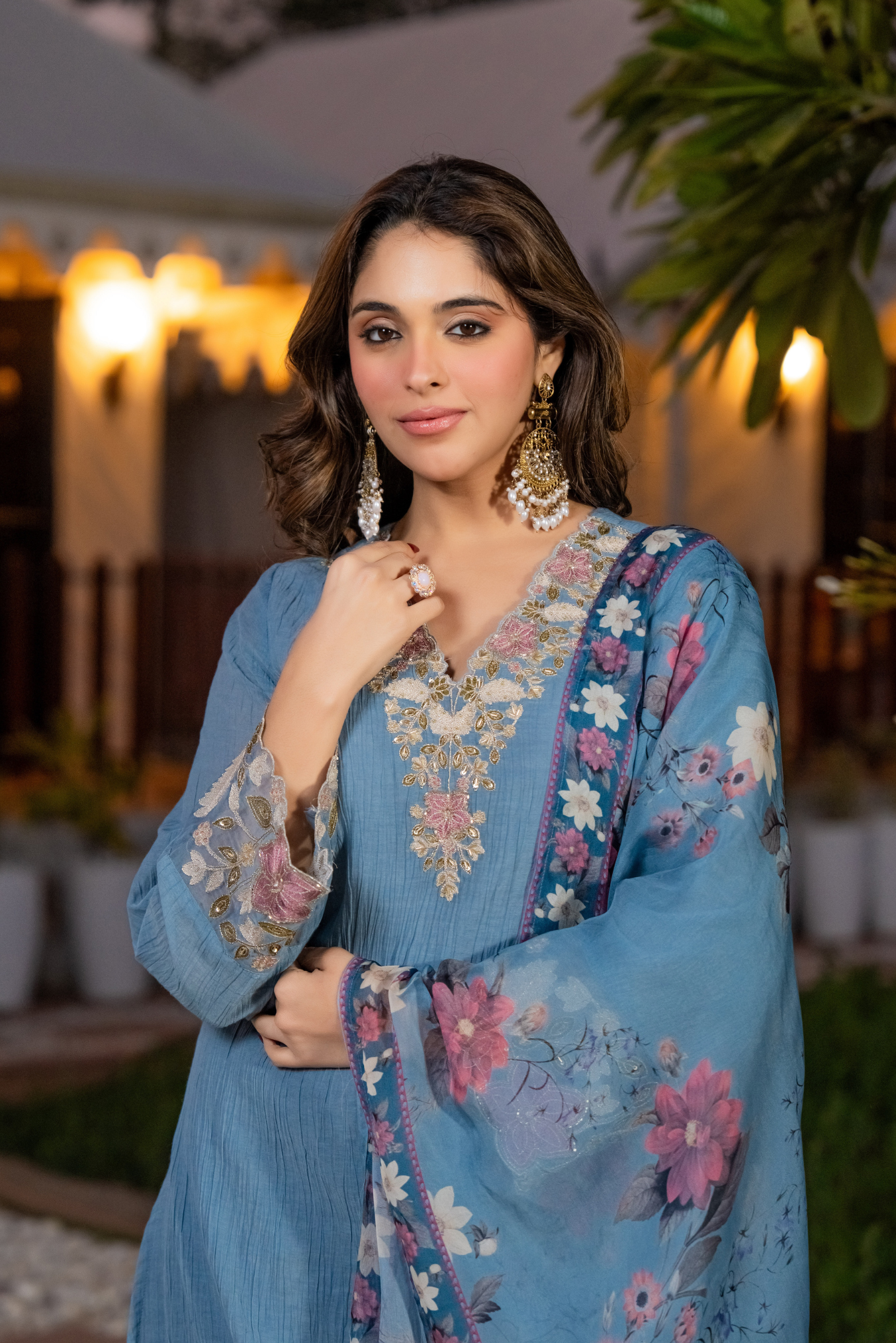 Powder Blue Crush Cotton Embroidered Suit Set