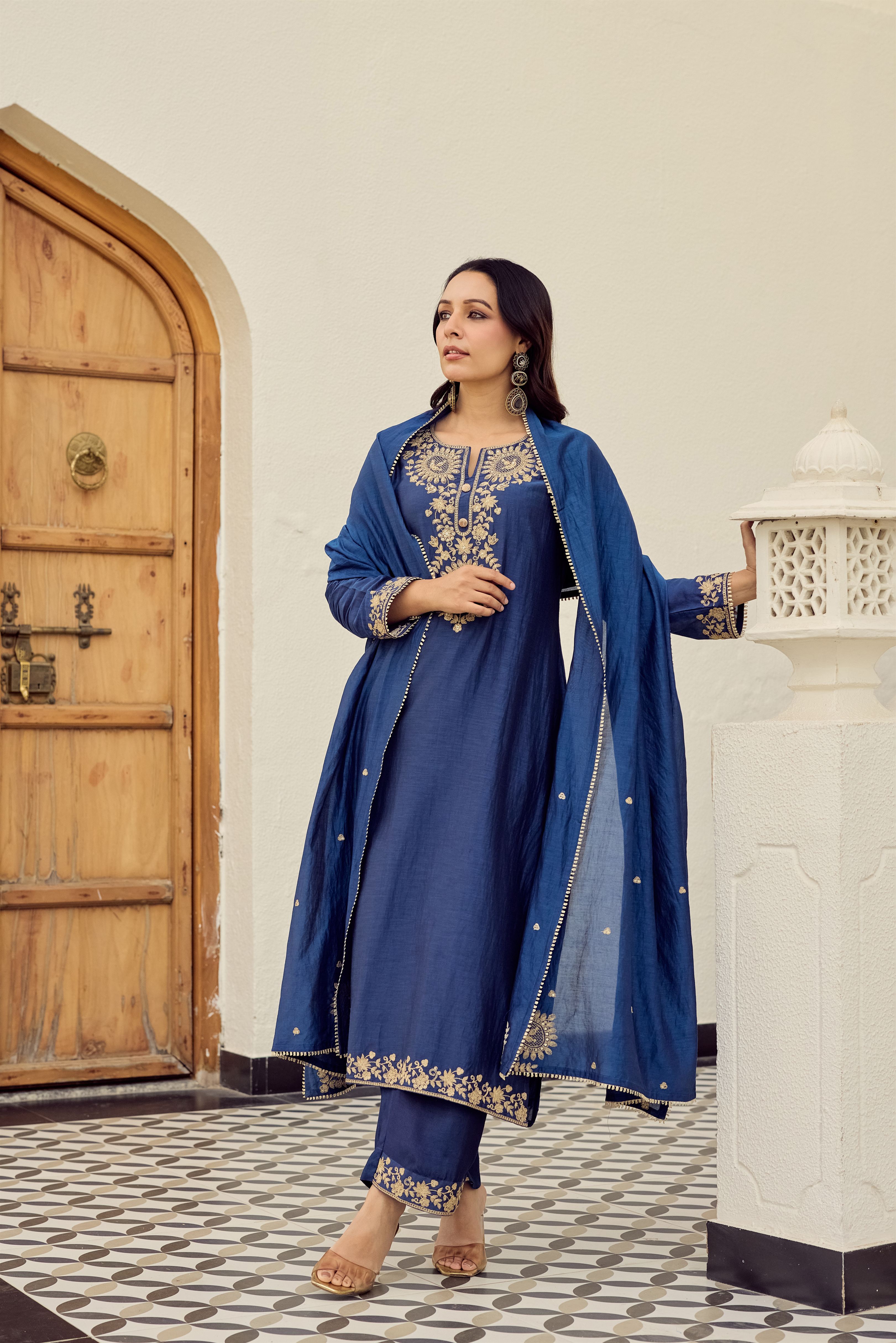 Midnight Blue Embroidered Suit Set