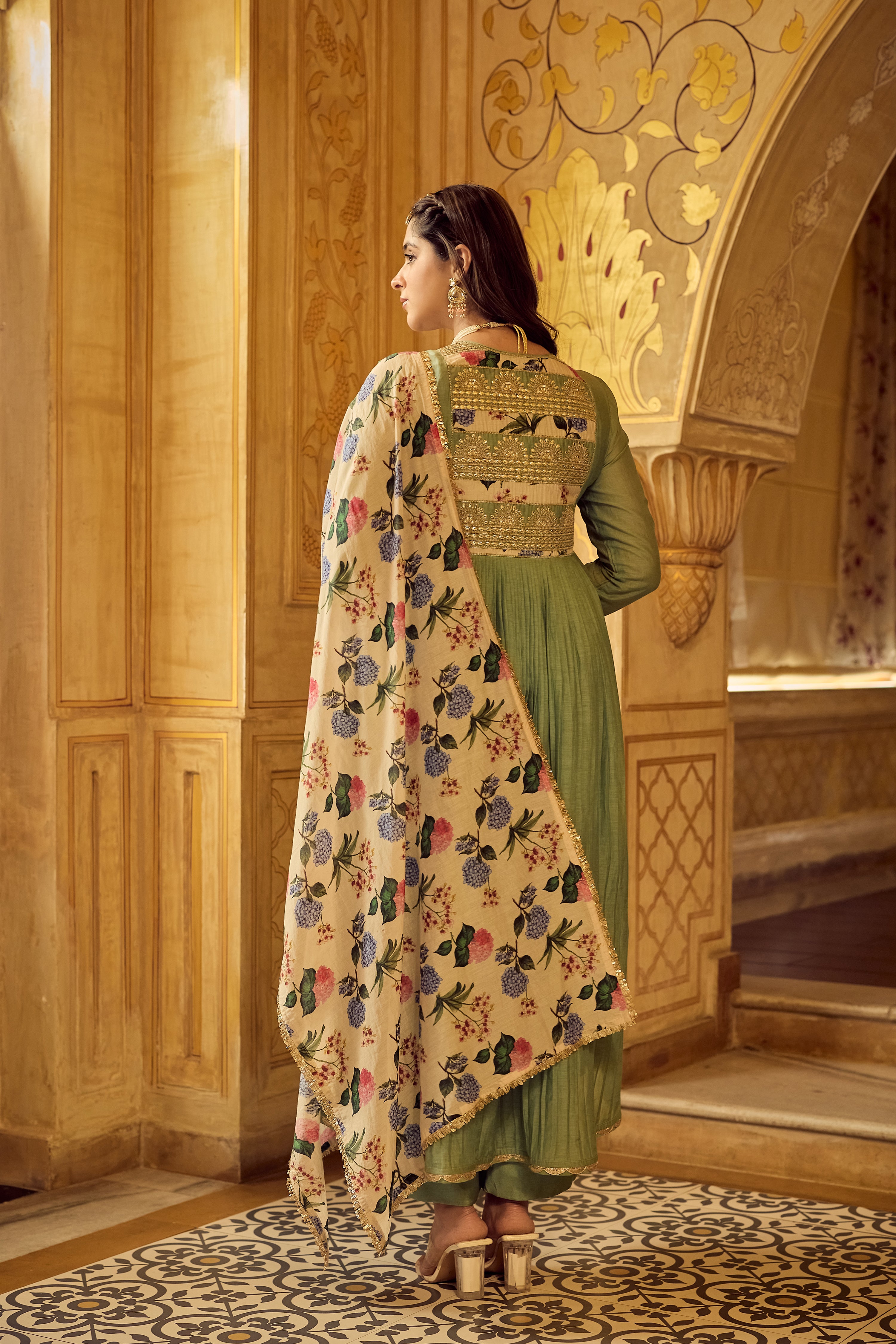 Pastel Green Chanderi Embroidered Suit Set