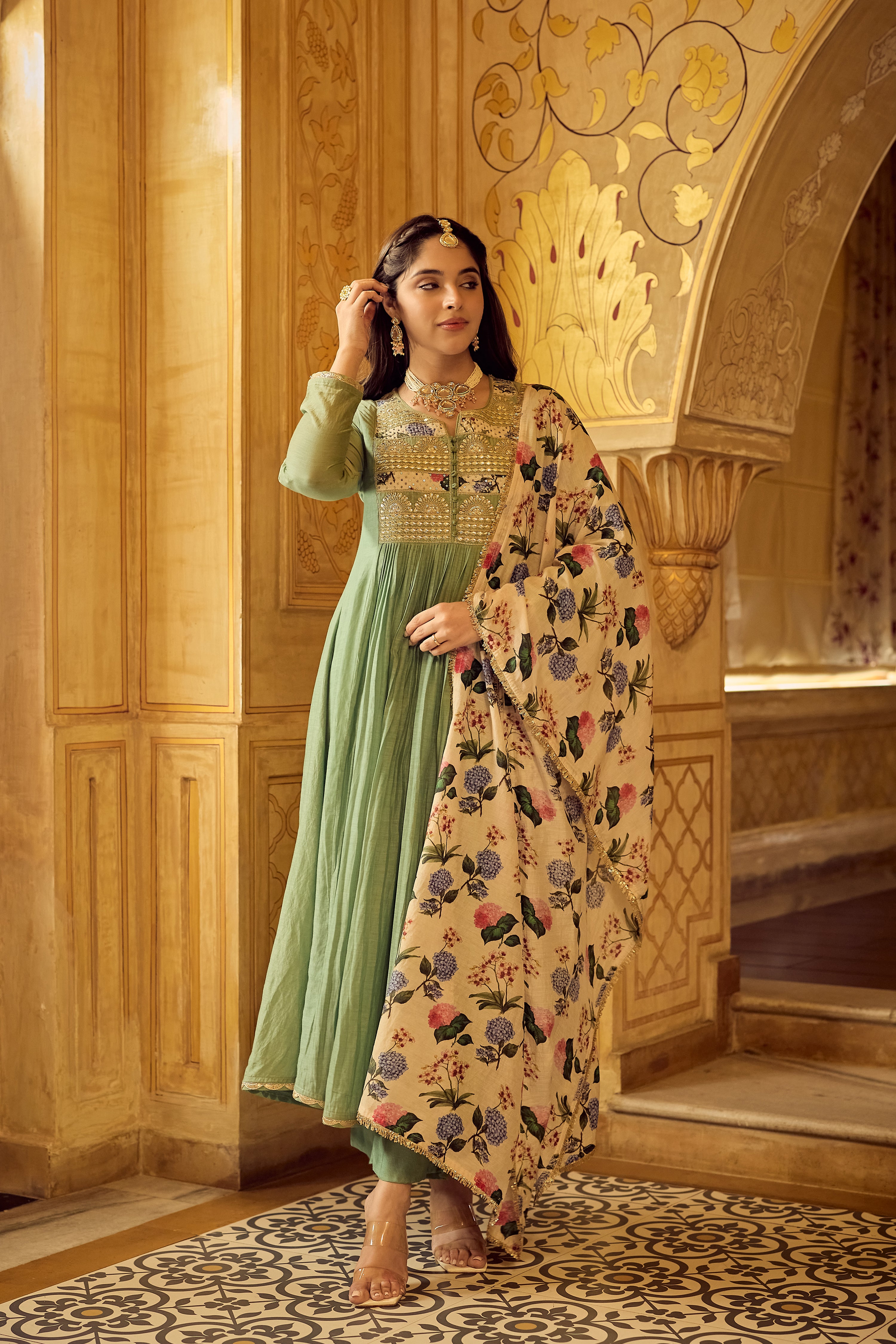 Pastel Green Chanderi Embroidered Suit Set