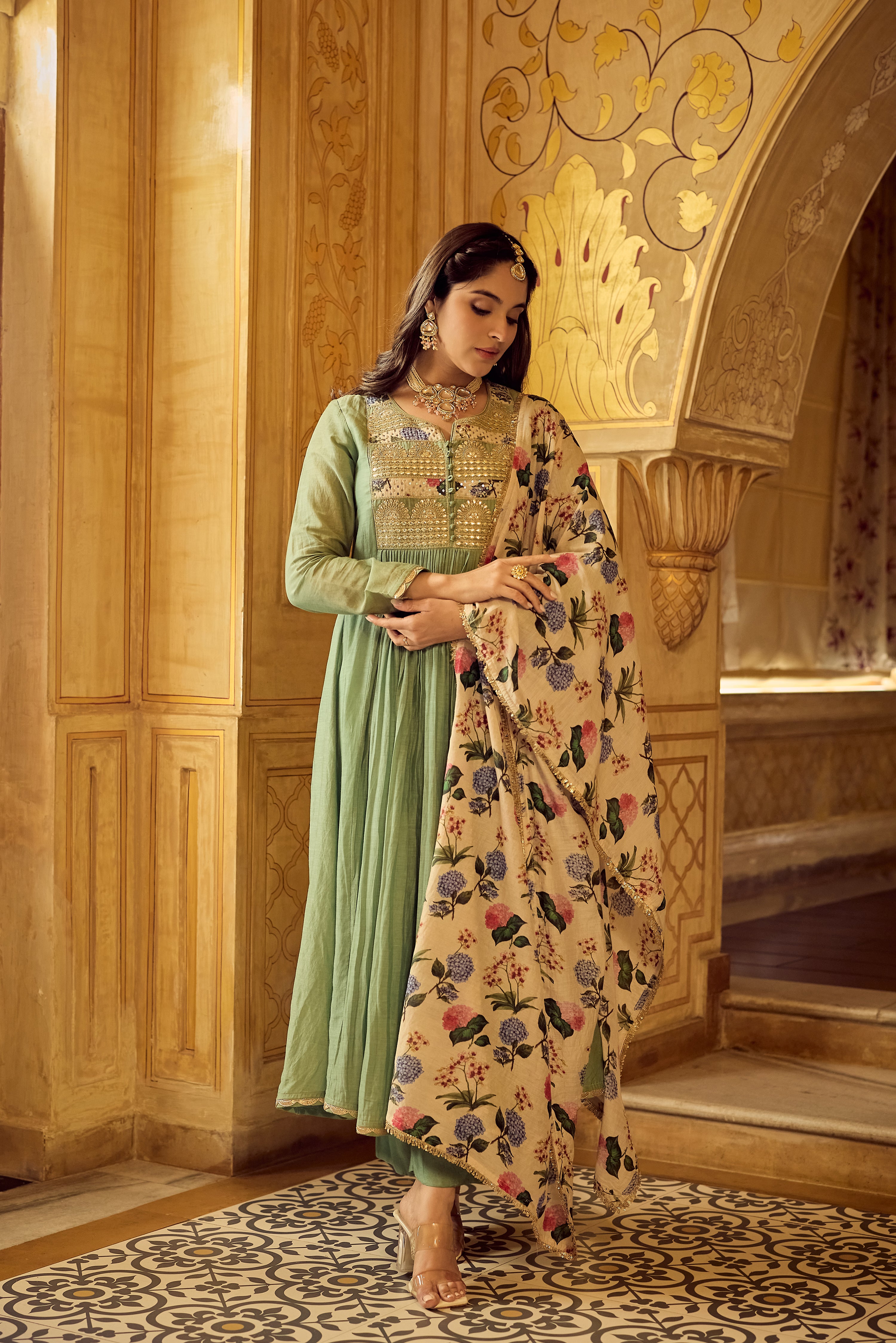 Pastel Green Chanderi Embroidered Suit Set