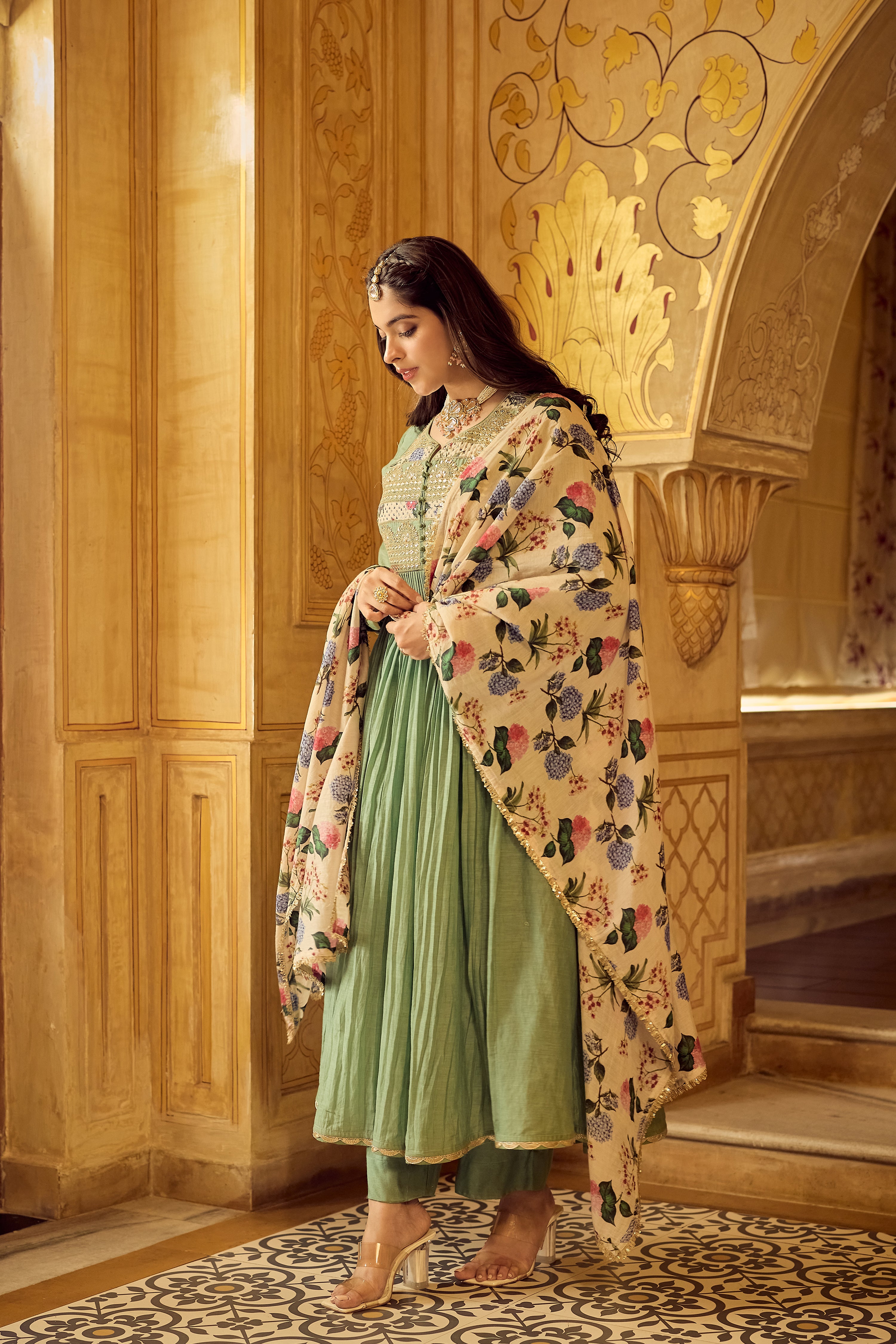 Pastel Green Chanderi Embroidered Suit Set