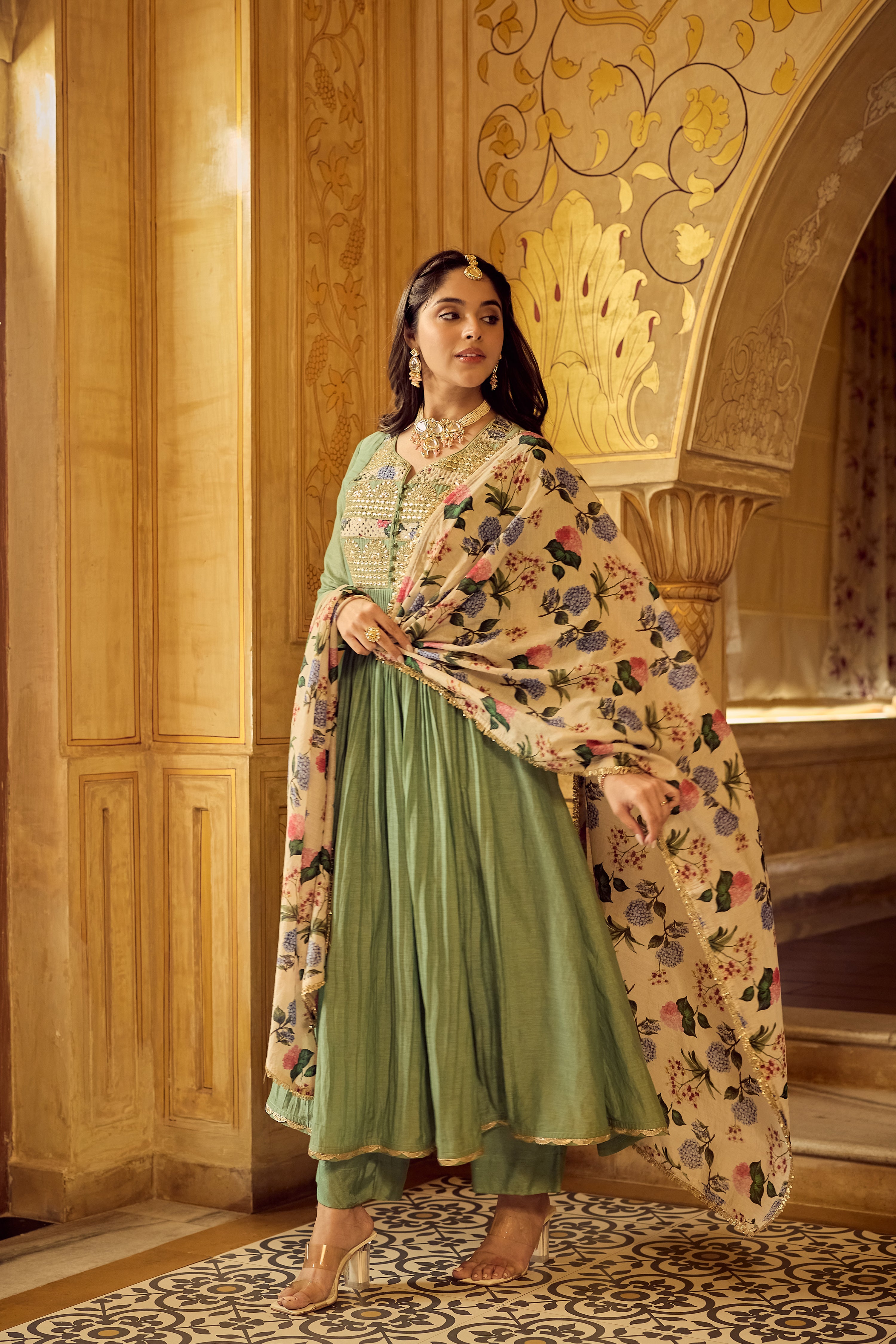 Pastel Green Chanderi Embroidered Suit Set
