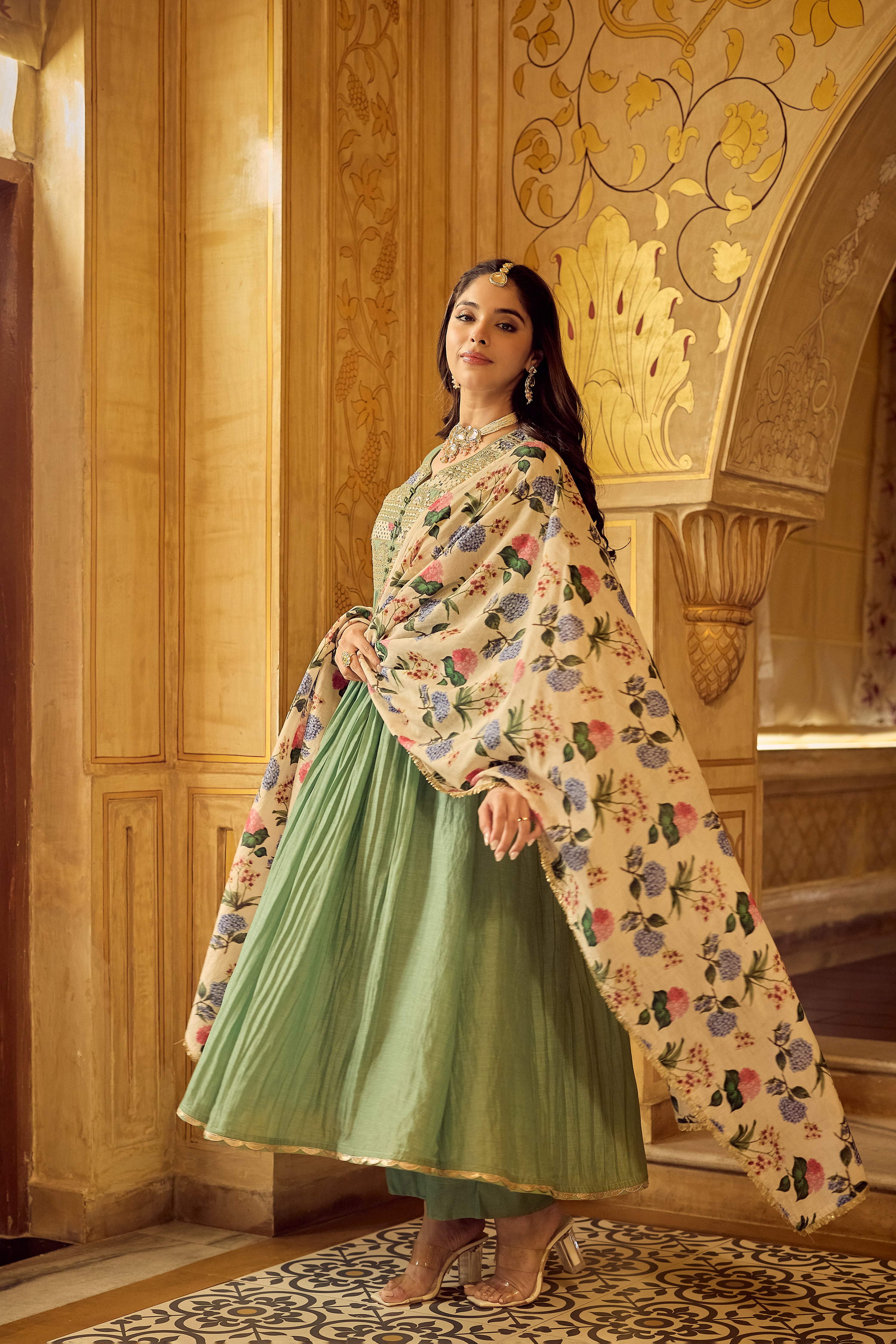 Pastel Green Chanderi Embroidered Suit Set