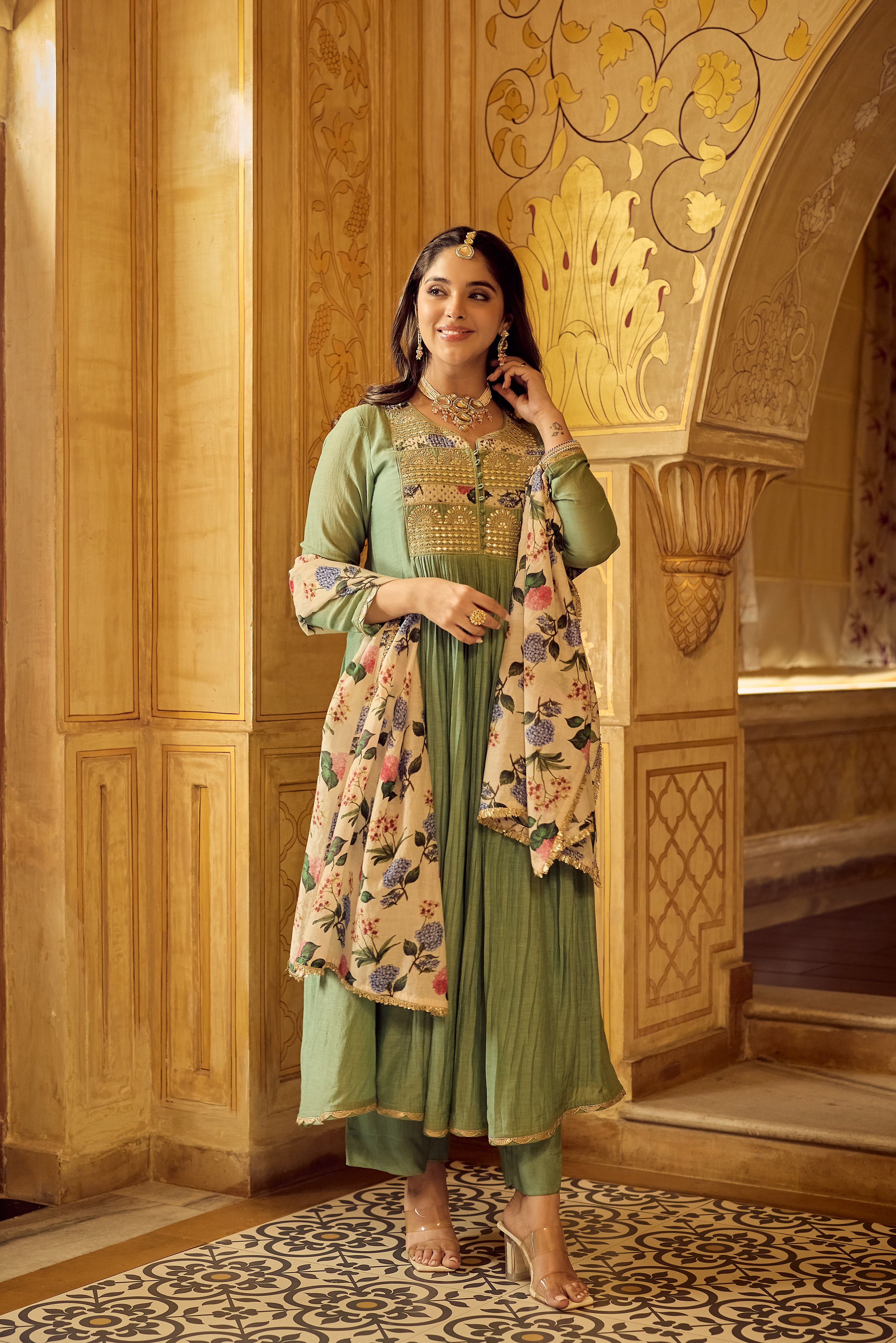 Pastel Green Chanderi Embroidered Suit Set