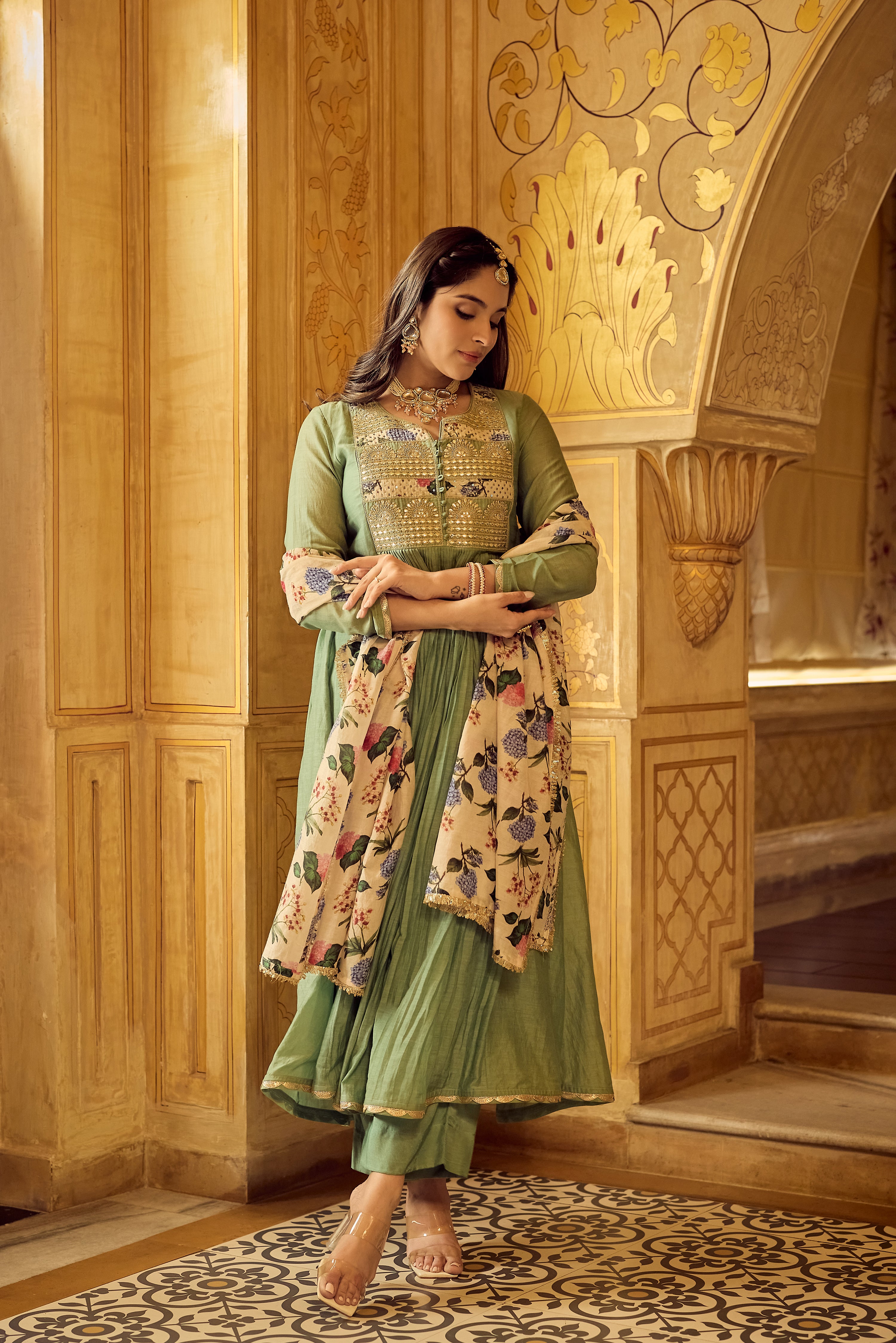 Pastel Green Chanderi Embroidered Suit Set
