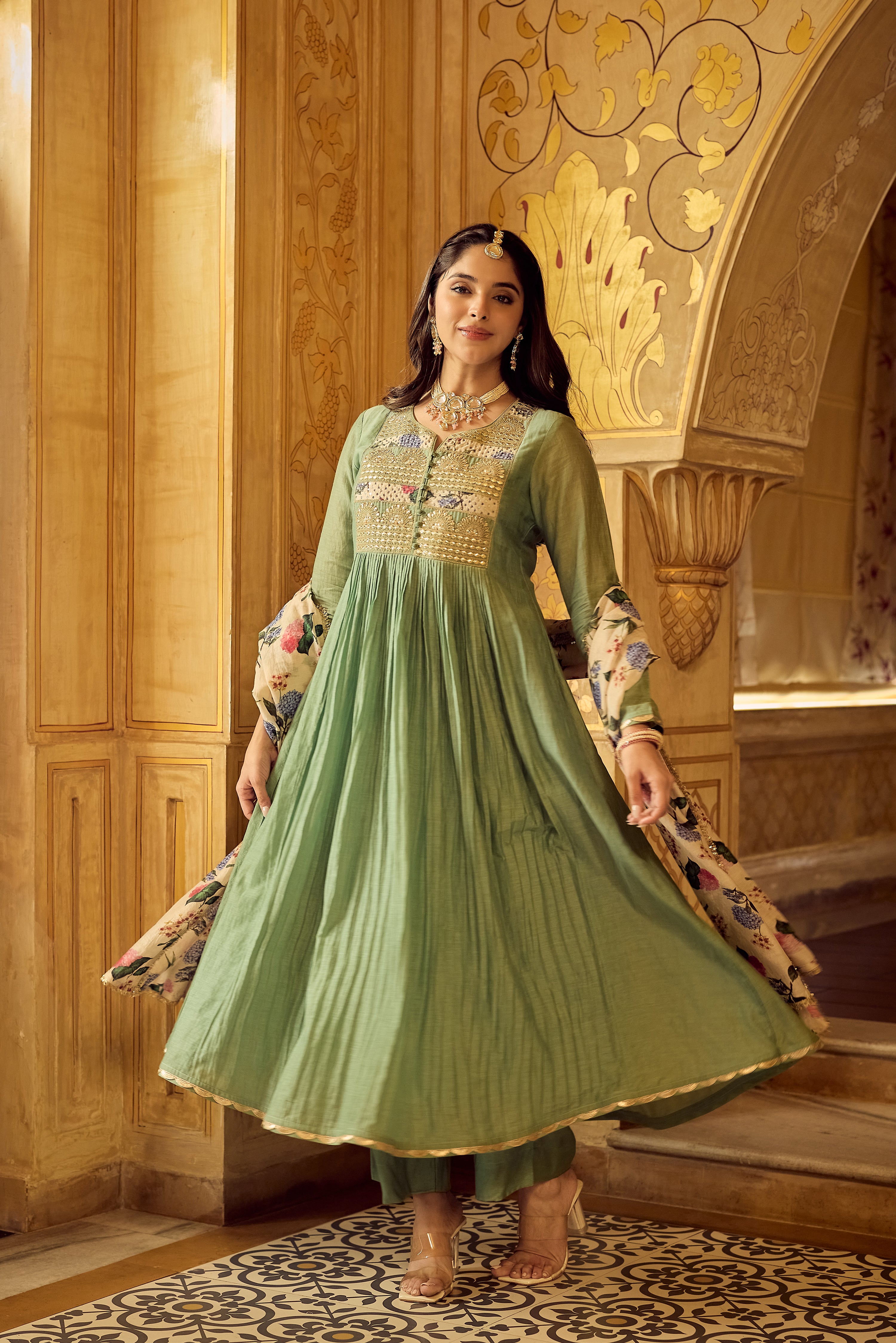 Pastel Green Chanderi Embroidered Suit Set