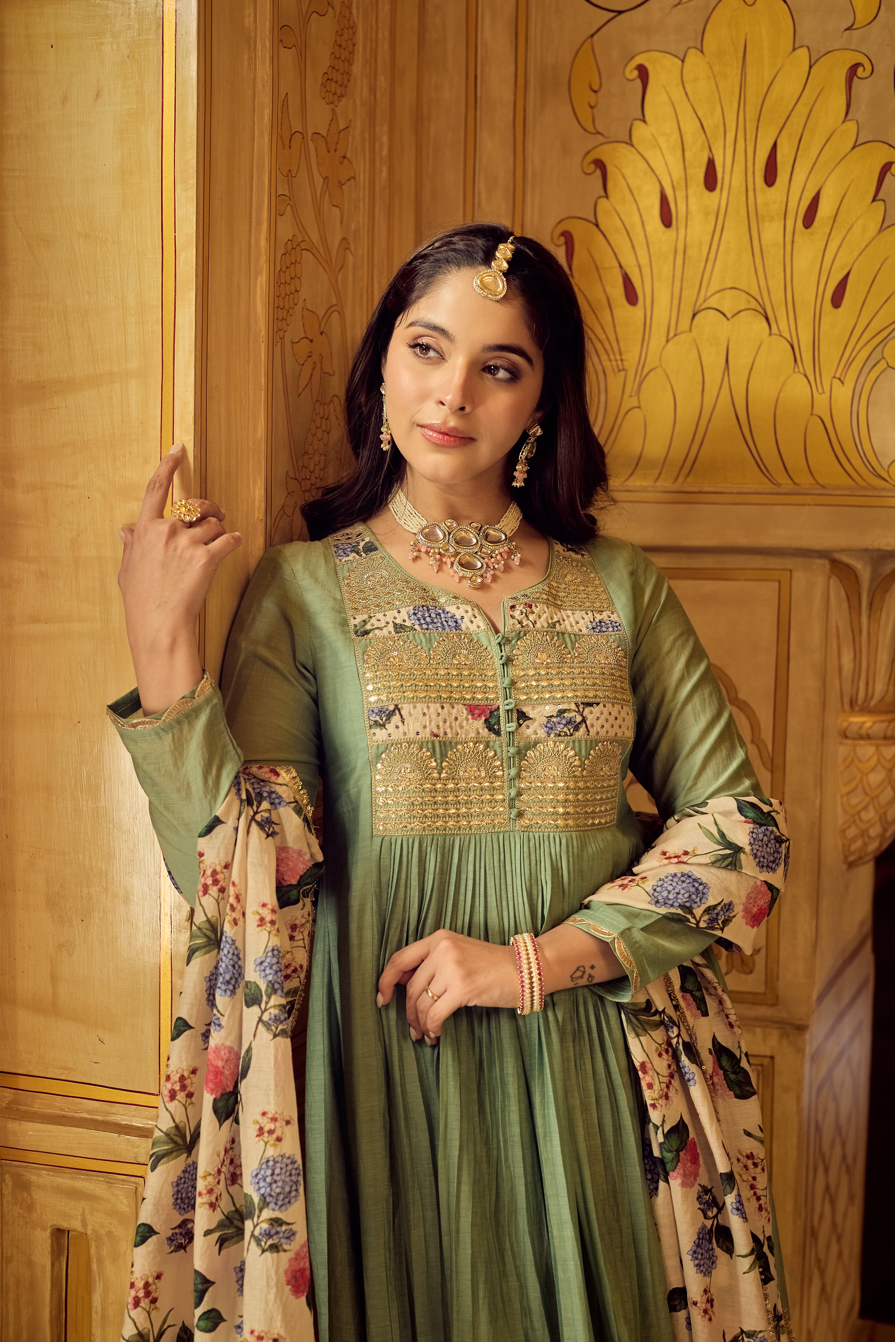 Pastel Green Chanderi Embroidered Suit Set