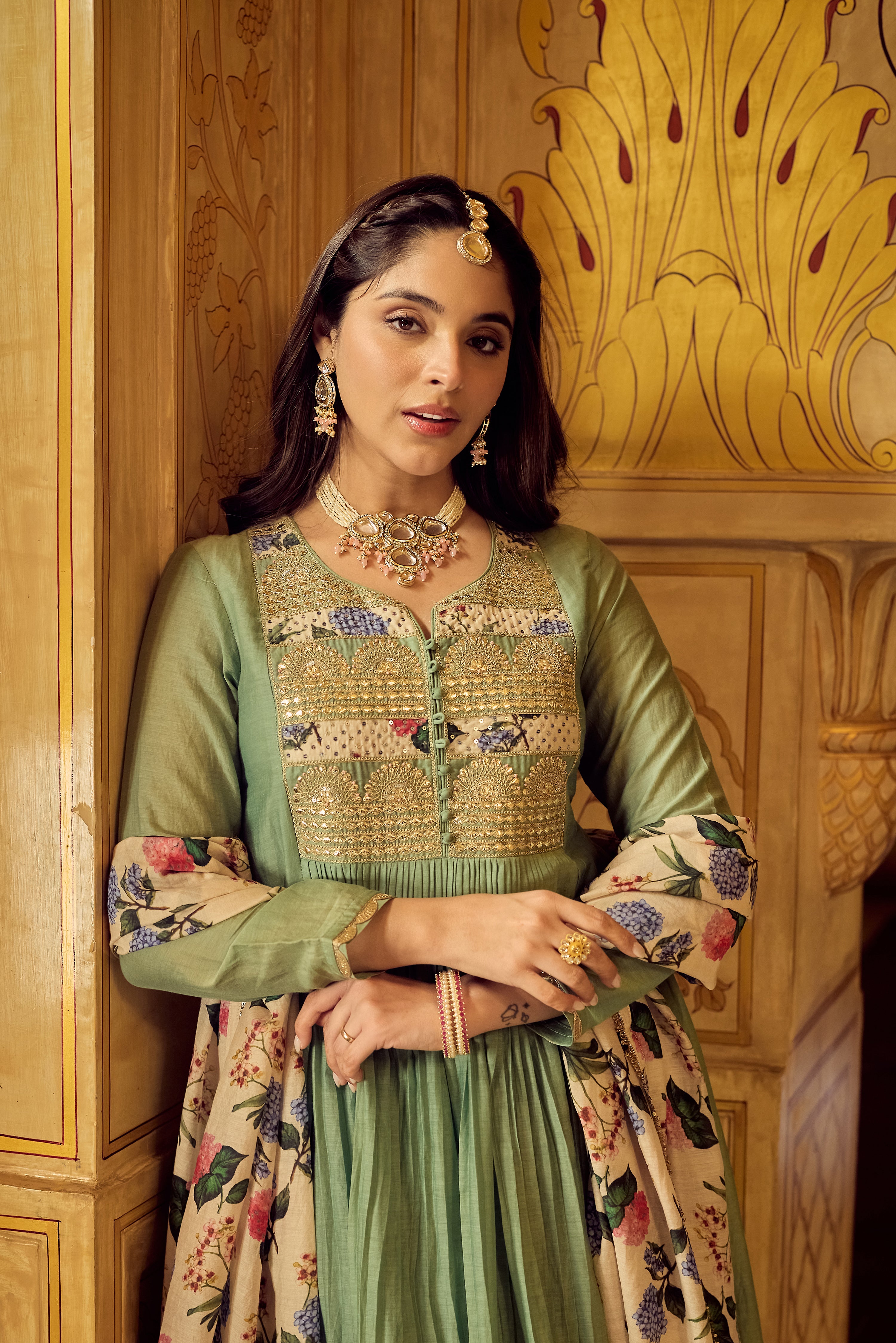 Pastel Green Chanderi Embroidered Suit Set