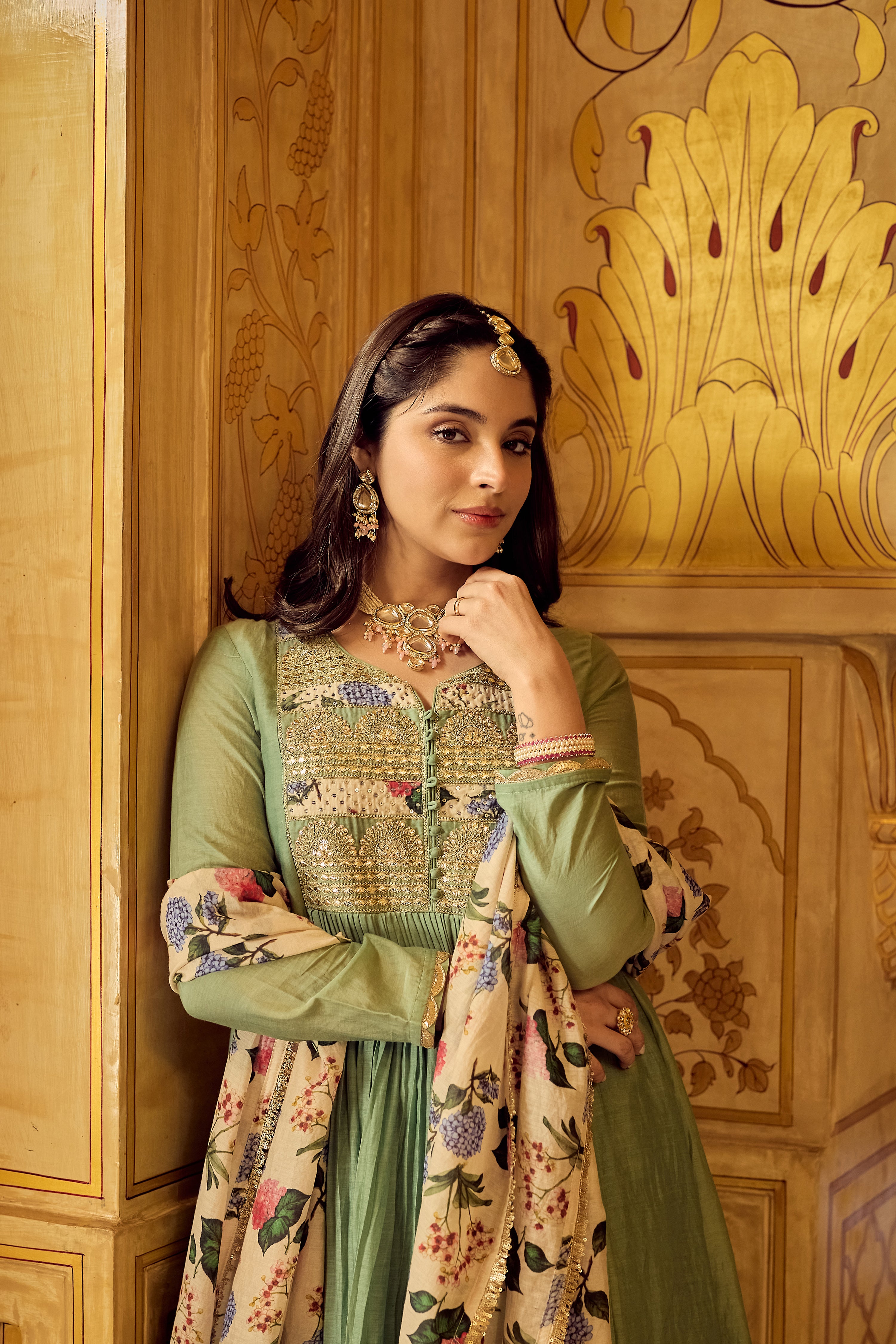 Pastel Green Chanderi Embroidered Suit Set