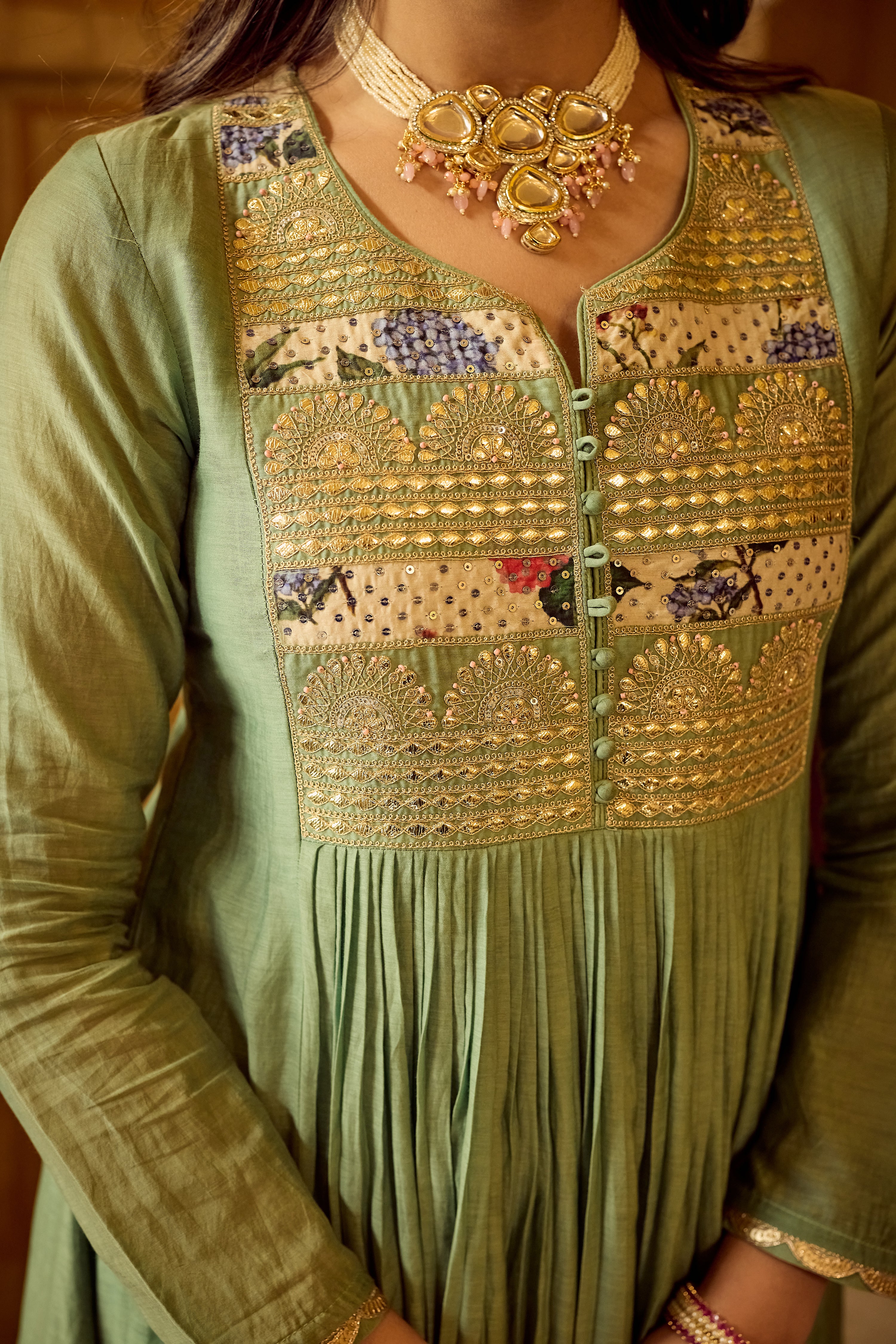 Pastel Green Chanderi Embroidered Suit Set