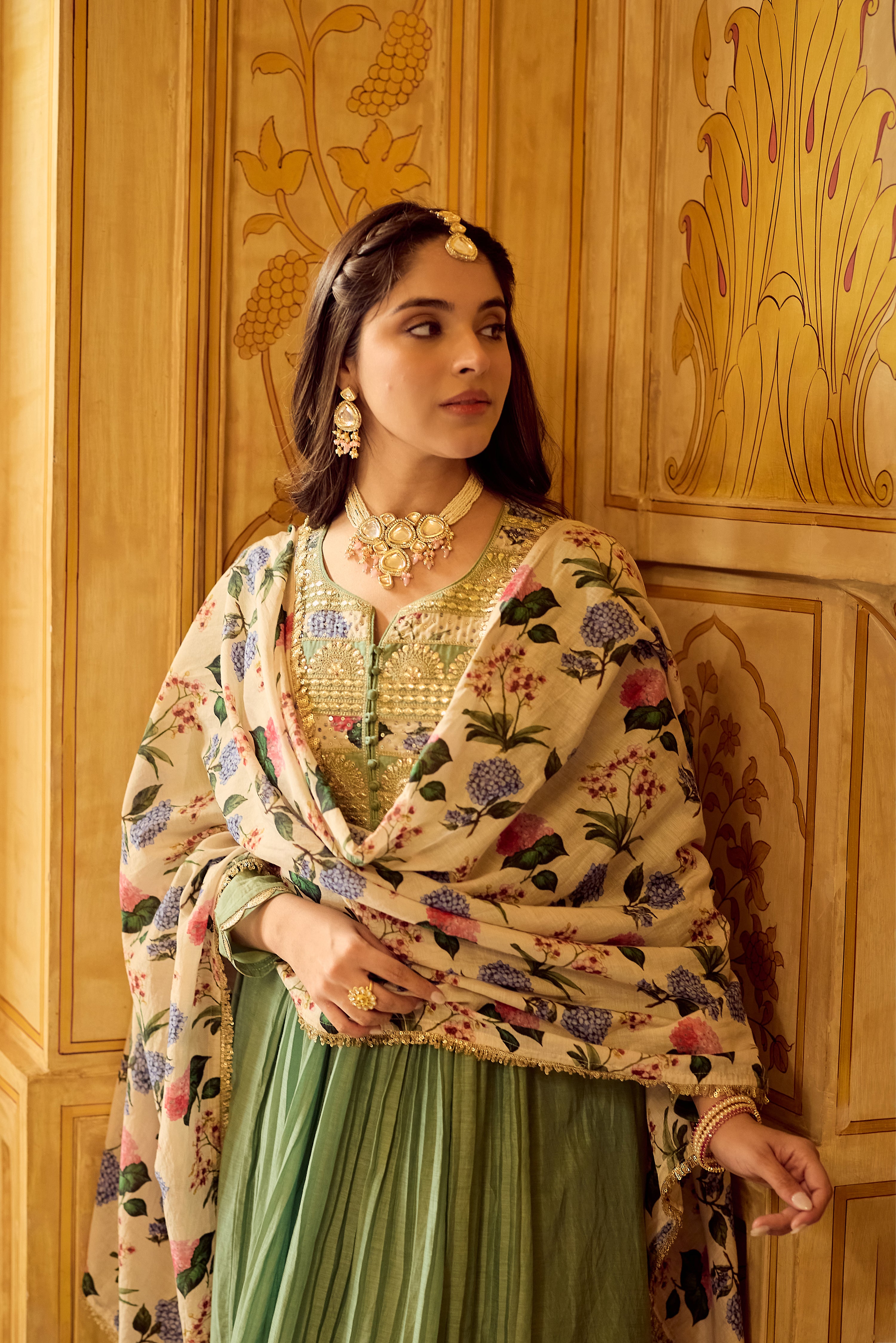 Pastel Green Chanderi Embroidered Suit Set