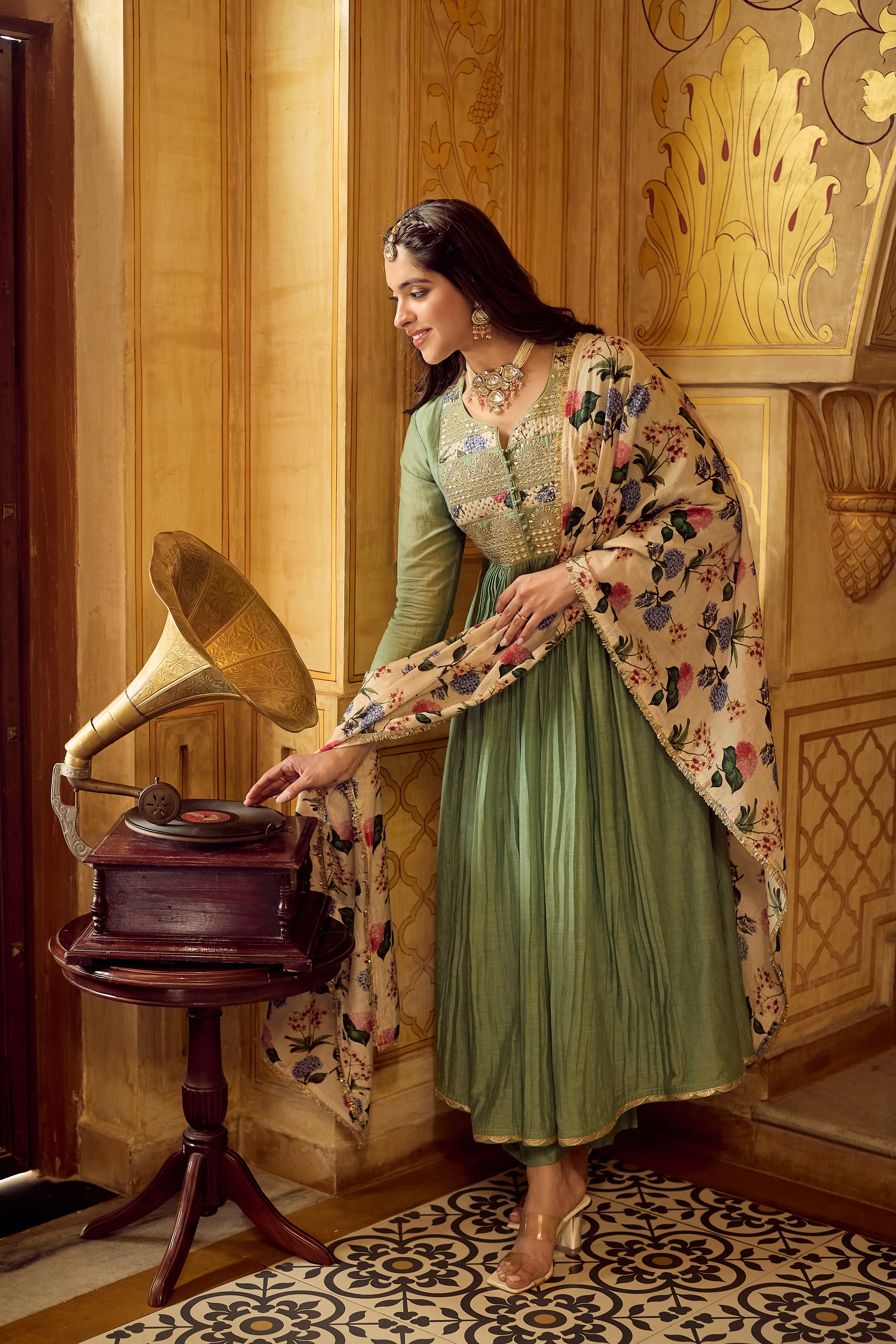 Pastel Green Chanderi Embroidered Suit Set