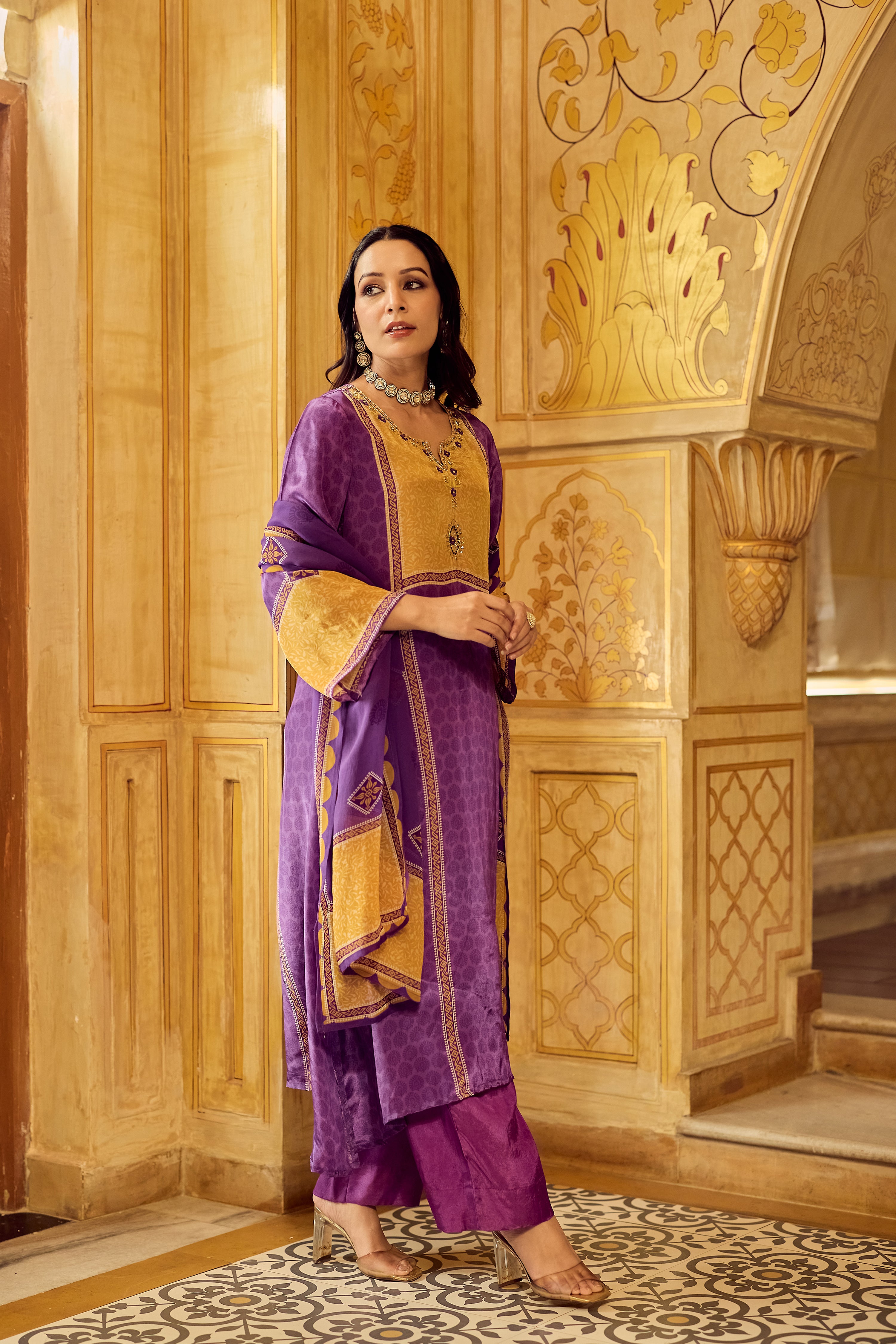 Royal Orchid Mustard Crepe Suit Set