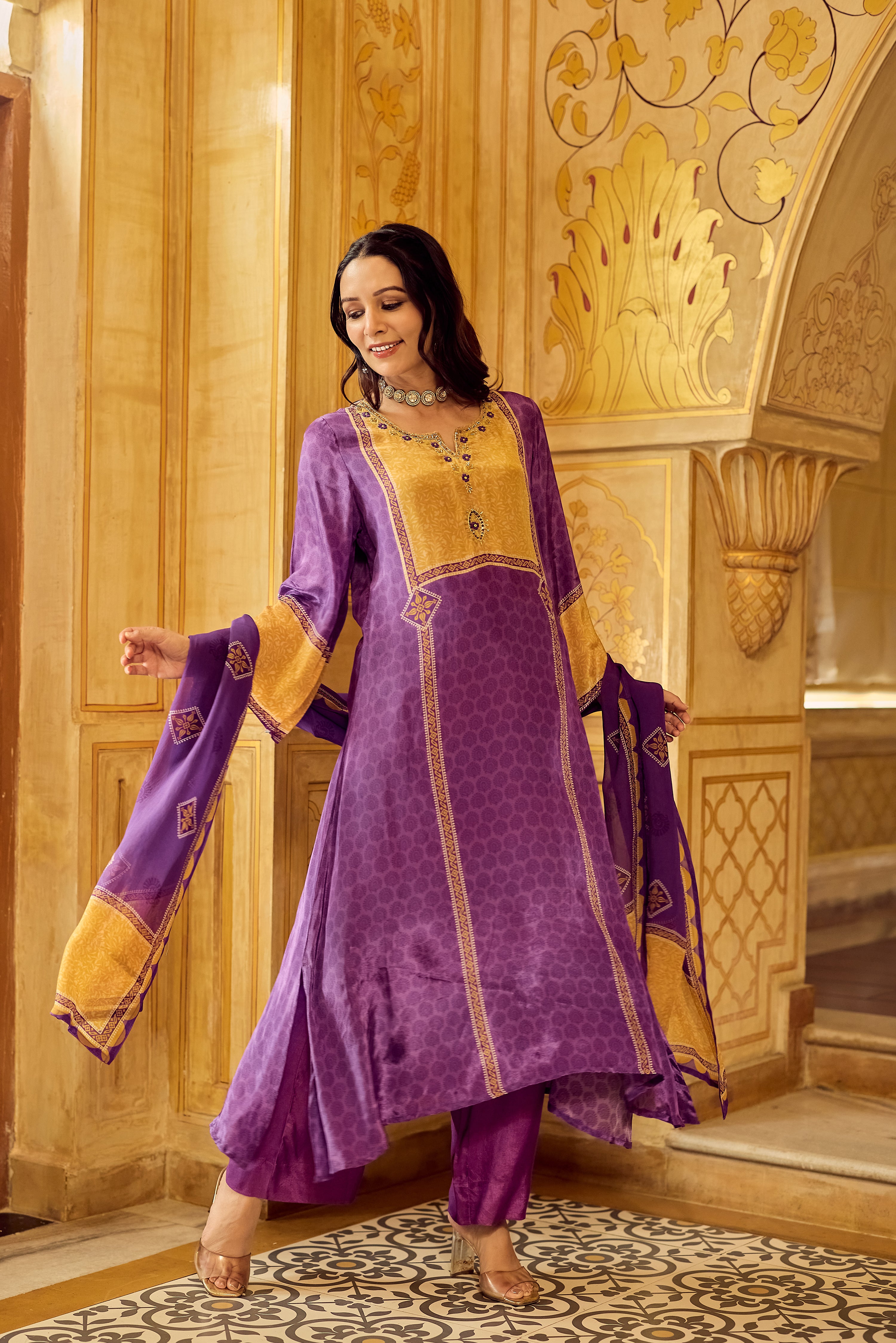 Royal Orchid Mustard Crepe Suit Set