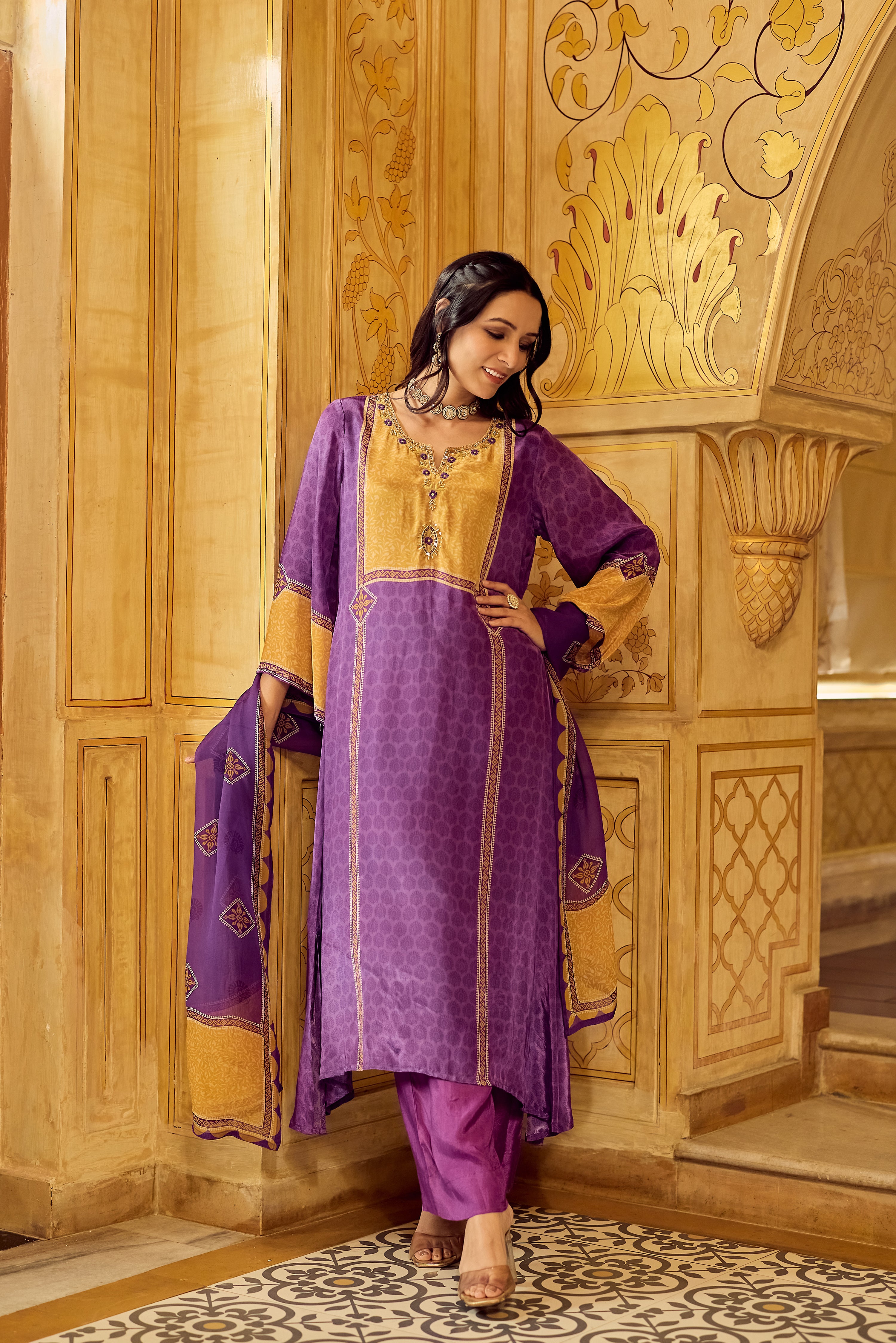 Royal Orchid Mustard Crepe Suit Set